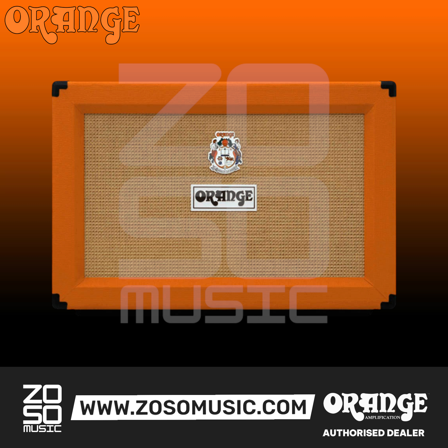 Zoso Music Orange PPC212 2x12 guitar speaker cabinet in signature orange finish with woven grille cloth