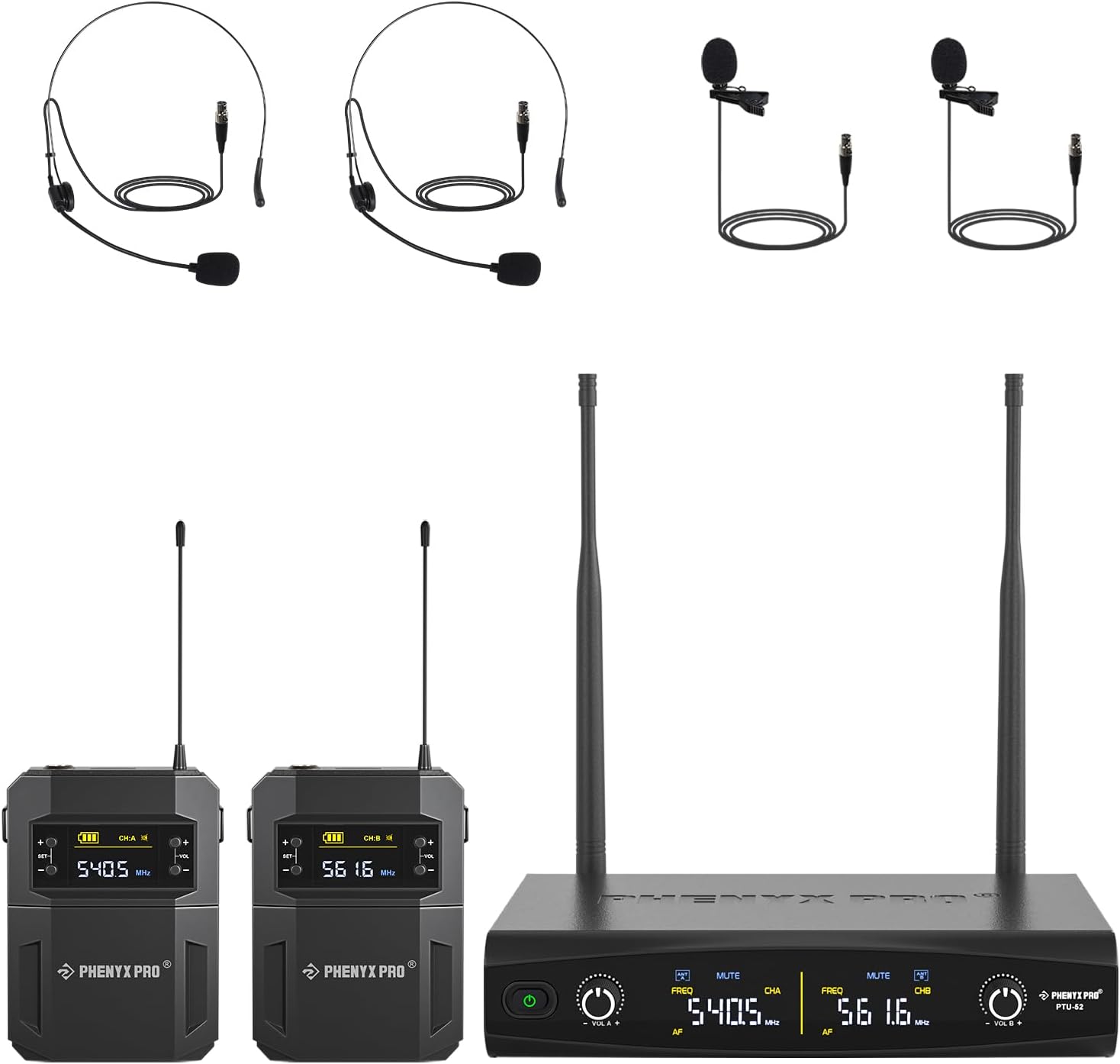 Phenyx Pro PTU-52-2B Wireless Microphone System Dual Wireless Mic Set with Bodypacks Headsets/Lapel Microphones | Zoso Music Sdn Bhd