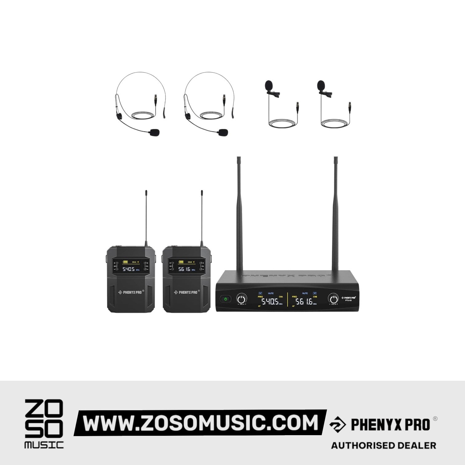 Phenyx Pro PTU-52-2B Wireless Microphone System Dual Wireless Mic Set with Bodypacks Headsets/Lapel Microphones | Zoso Music Sdn Bhd