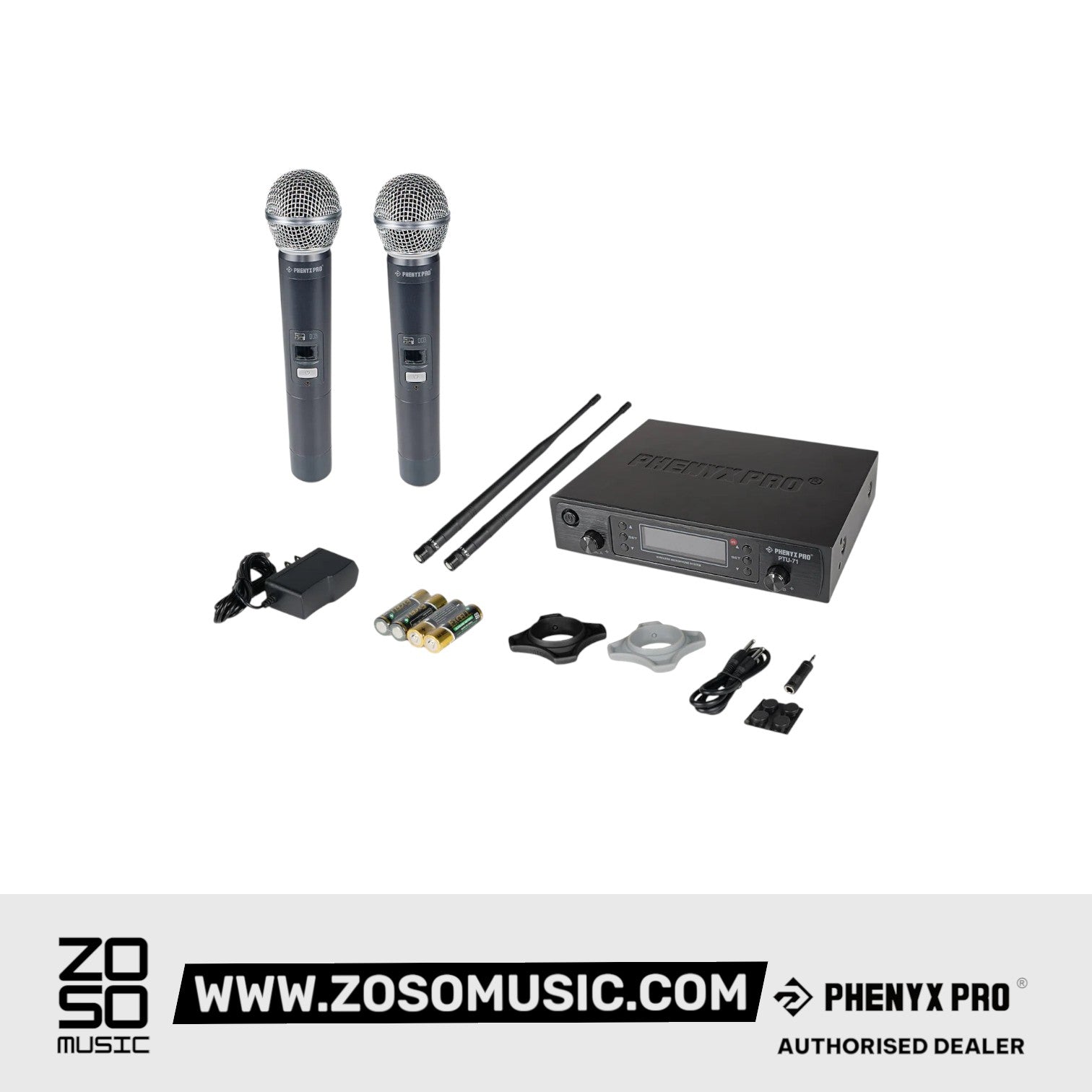 Phenyx Pro Best Budget Wireless PTU-71A Dual Handheld UHF Wireless Microphone System |  PHENYX PRO |  WIRELESS-ANTENNA |  Zoso Music