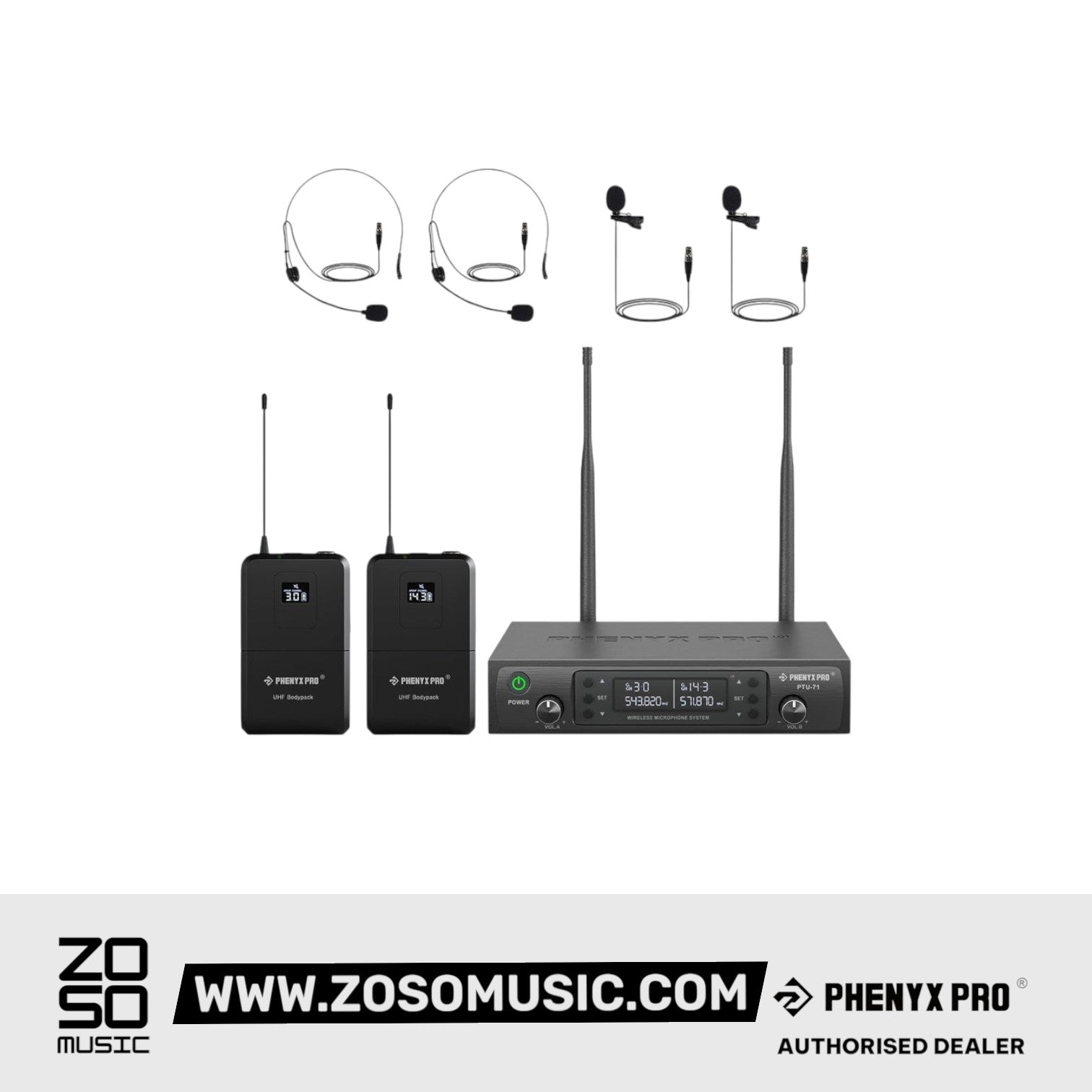 Phenyx Pro PTU-71-2B Dual UHF Wireless Microphone System with 2 Bodypacks | Zoso Music Sdn Bhd