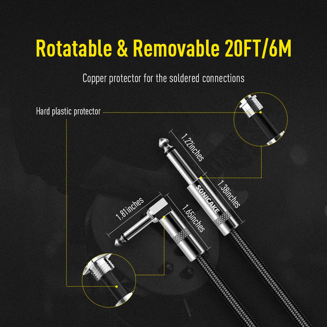 SONICAKE QGC-22 20ft / 6m Braided Guitar Cable (Right Angle to Straight) - Black