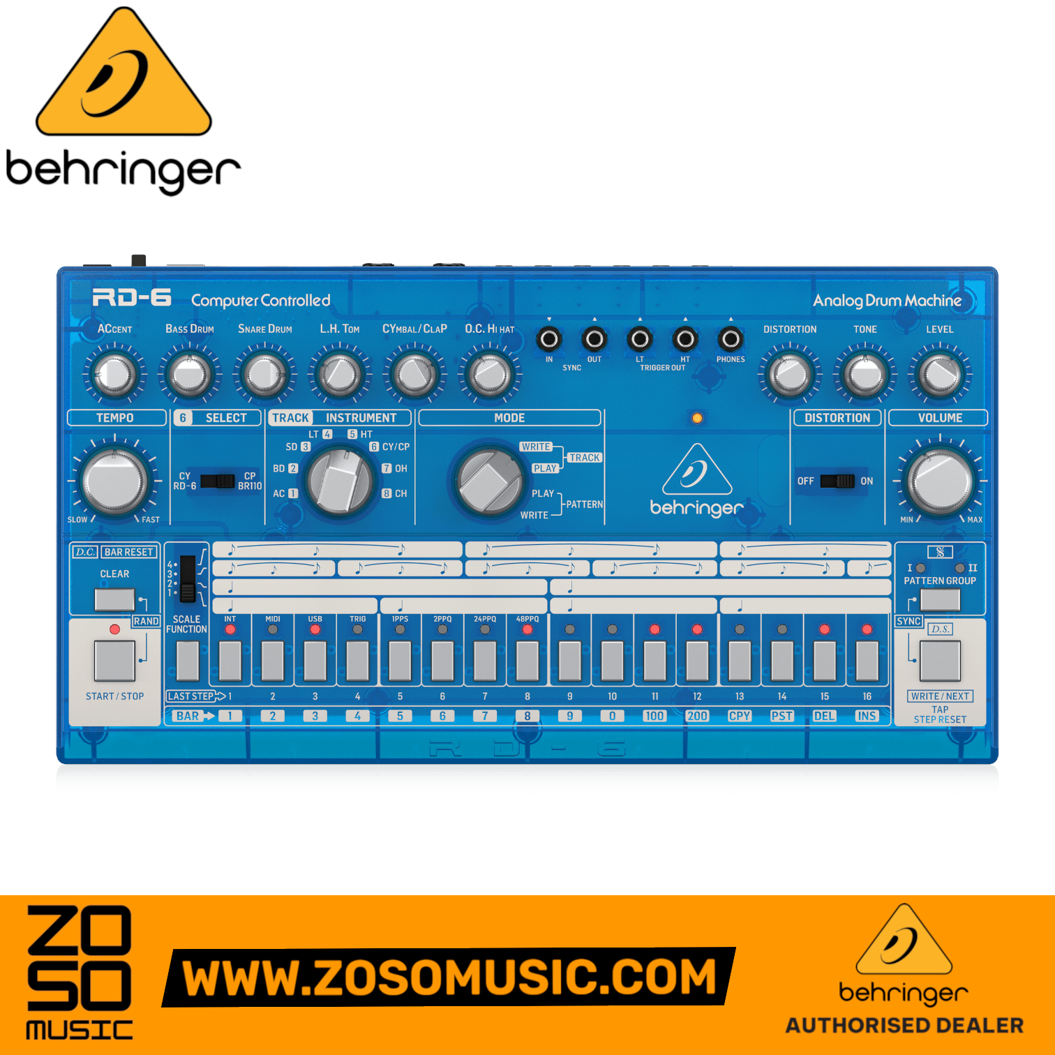 Behringer RD-6-BB Analog Drum Machine - Blue Translucent | BEHRINGER , Zoso Music