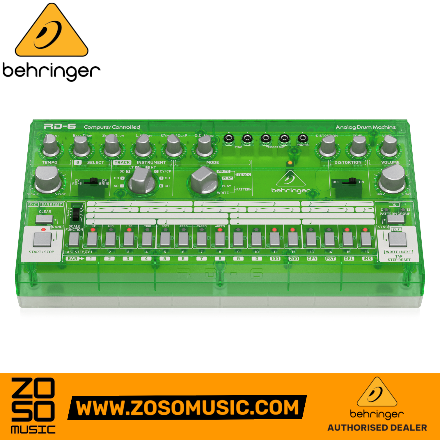 Behringer RD-6-LM Analog Drum Machine - Green Translucent | BEHRINGER , Zoso Music