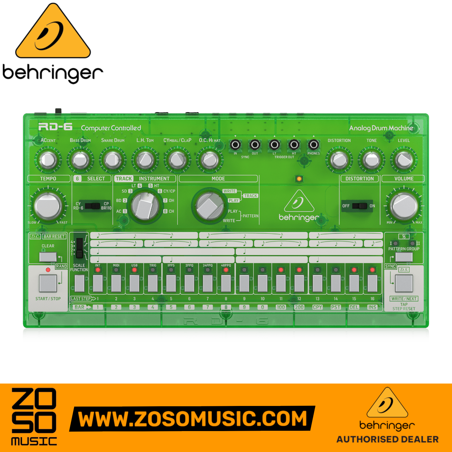 Behringer RD-6-LM Analog Drum Machine - Green Translucent | BEHRINGER , Zoso Music