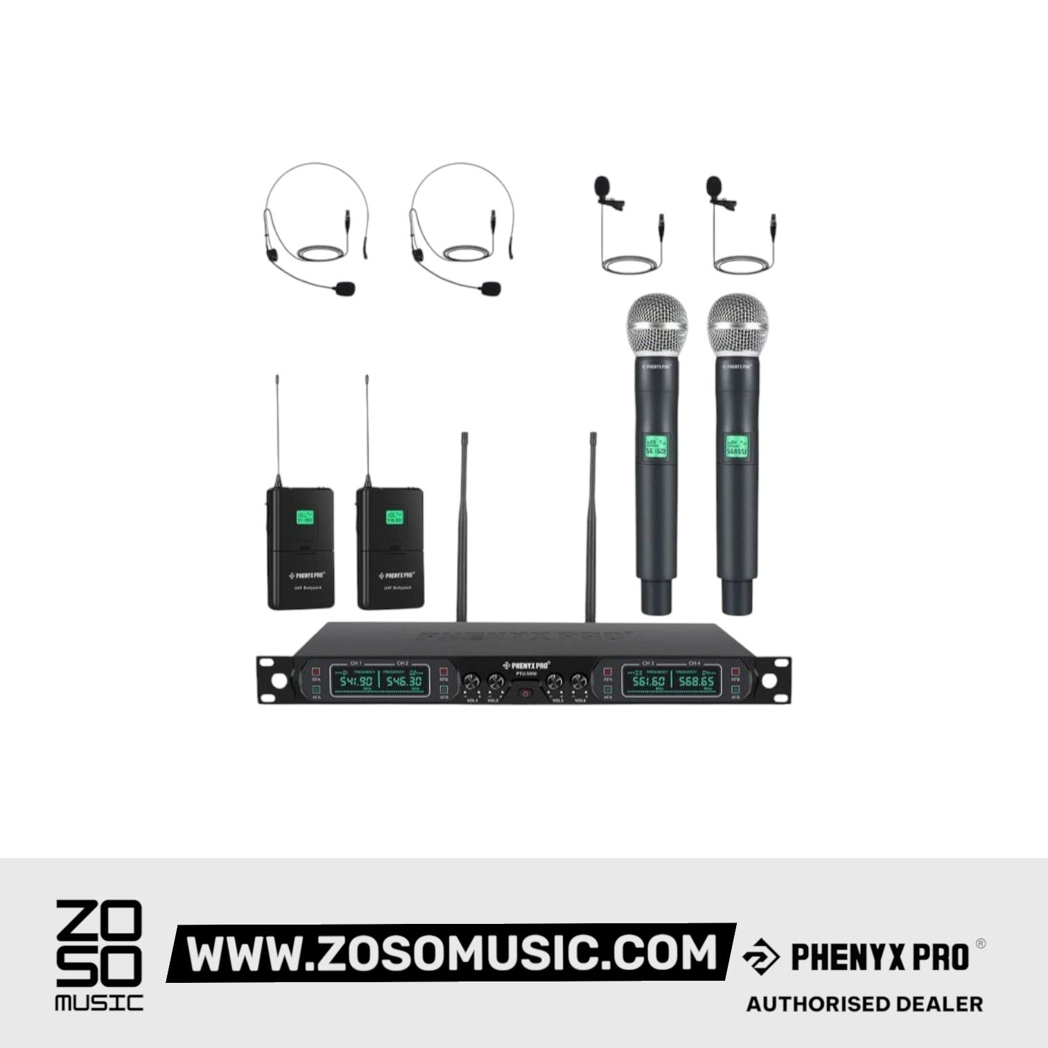 Phenyx Pro Best Budget Wireless PTU-5000B 4-Channel UHF Karaoke Wireless Microphone System, with 2x Handheld Microphone, 2x Bodypack 2x Headset Mic, 2x Lapel Mics | Zoso Music Sdn Bhd