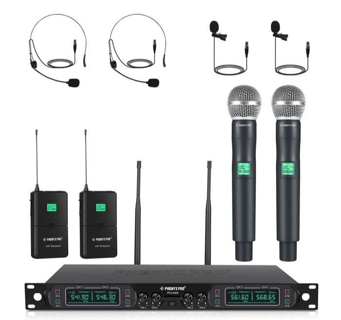 Phenyx Pro Best Budget Wireless PTU-5000B 4-Channel UHF Karaoke Wireless Microphone System, with 2x Handheld Microphone, 2x Bodypack 2x Headset Mic, 2x Lapel Mics | Zoso Music Sdn Bhd