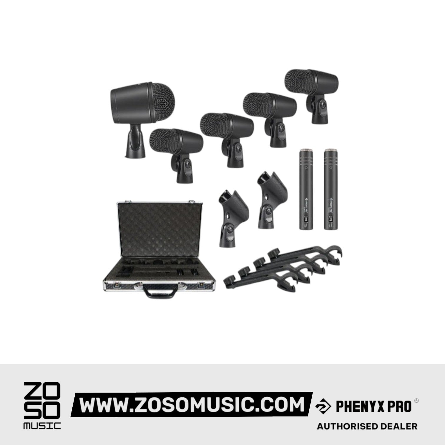 Phenyx Pro PTD-10 Drum Microphone Kit, Drum Mics 7-Pieces, Full Metal Wired Dynamic Drum Mic Set for Bass/Tom/Snare/Hi-hat Cymbals | Zoso Music Sdn Bhd