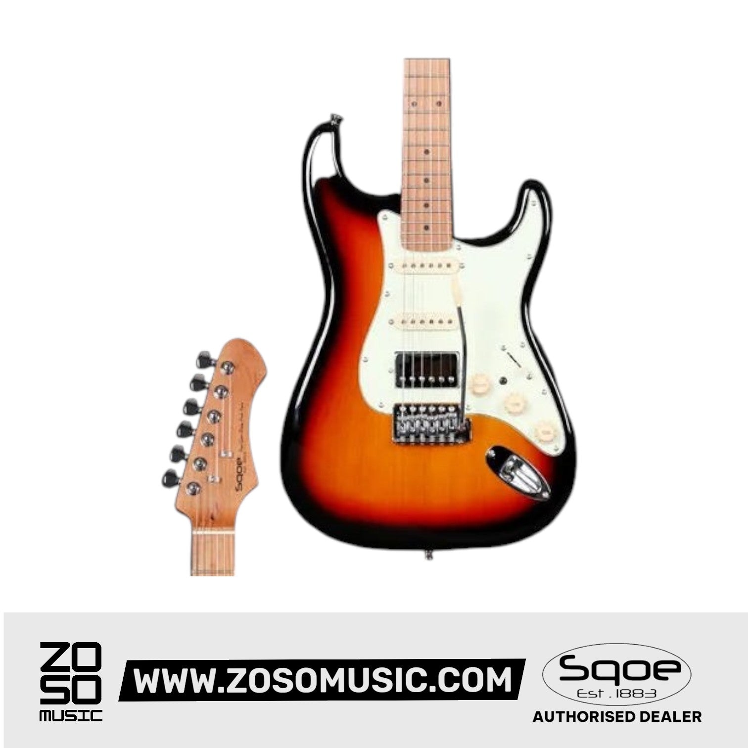 SQOE SEST600 Stratocaster Body HSS Electric Guitar, Roasted Maple Fretboard