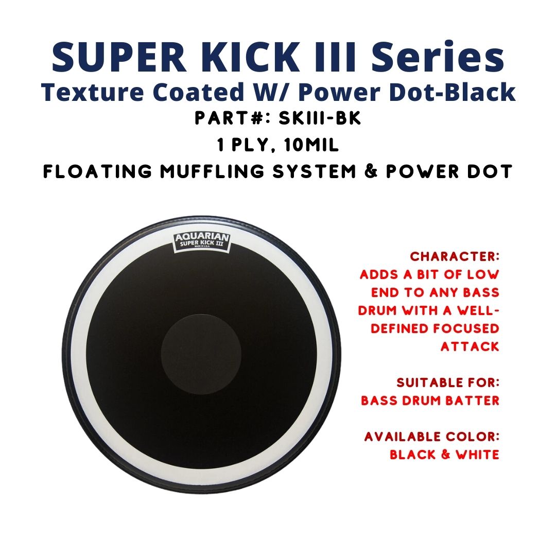 Aquarian SKIII-BK Super Kick III Texture Coated with Power Dot Black 1ply 10mil Bass Drum Head |  AQUARIAN |  DRUM HEAD |  Zoso Music