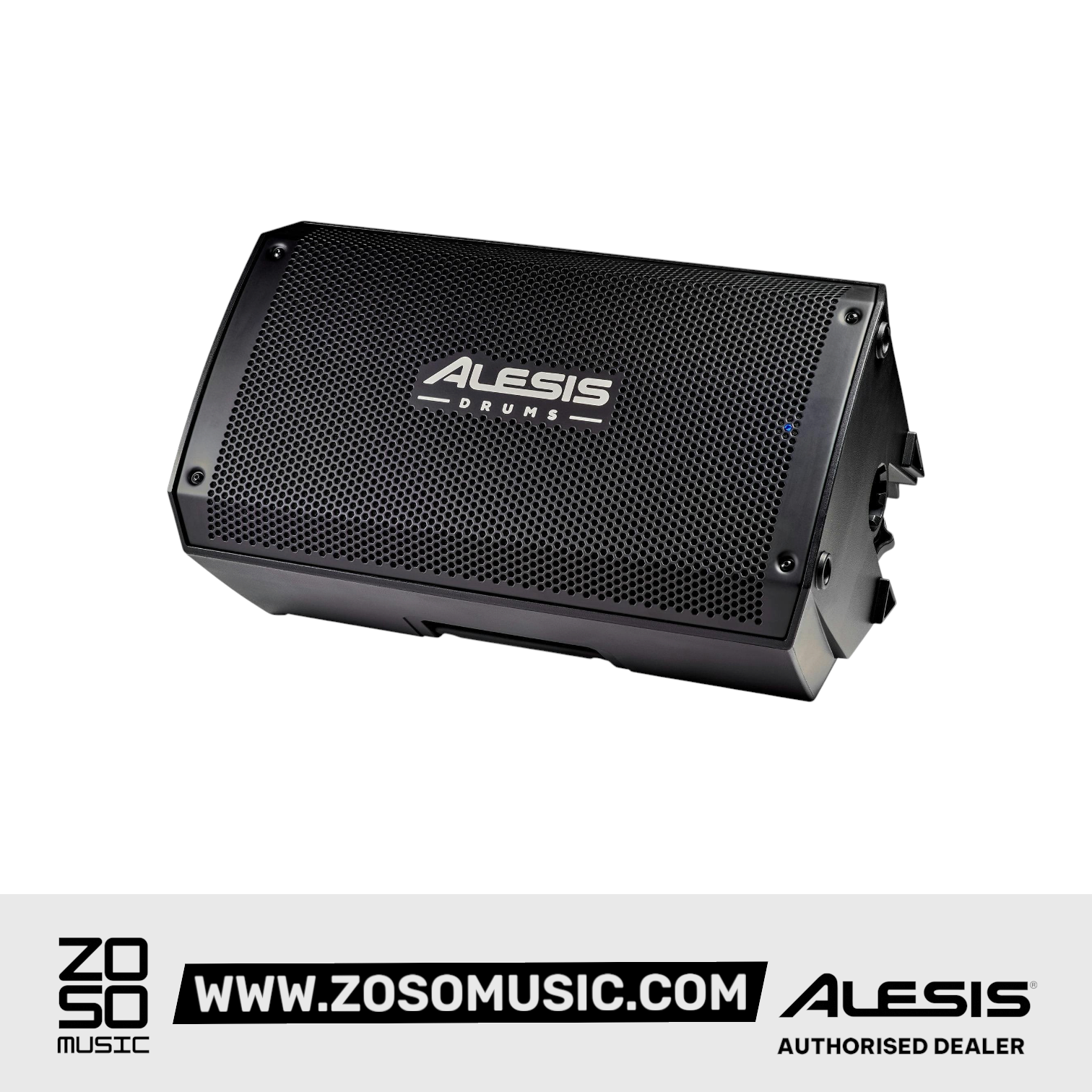 Zoso Music Alesis Strike Amp 8 MK2 drum amplifier with a black steel grille and 8-inch woofer for electronic drums.