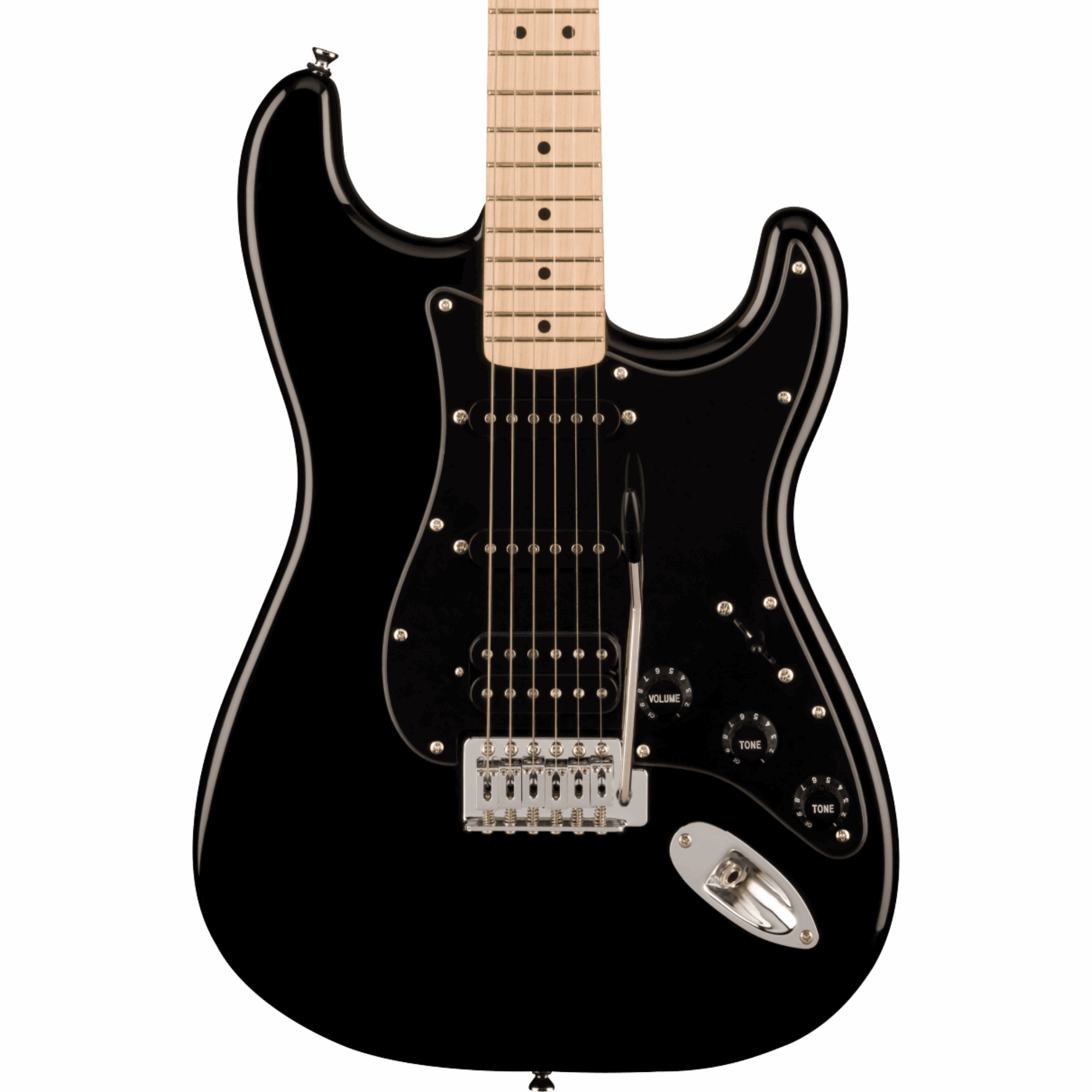 Squier Sonic Stratocaster HSS Electric Guitar Bundle w/Black Pickguard, Maple FB, Black