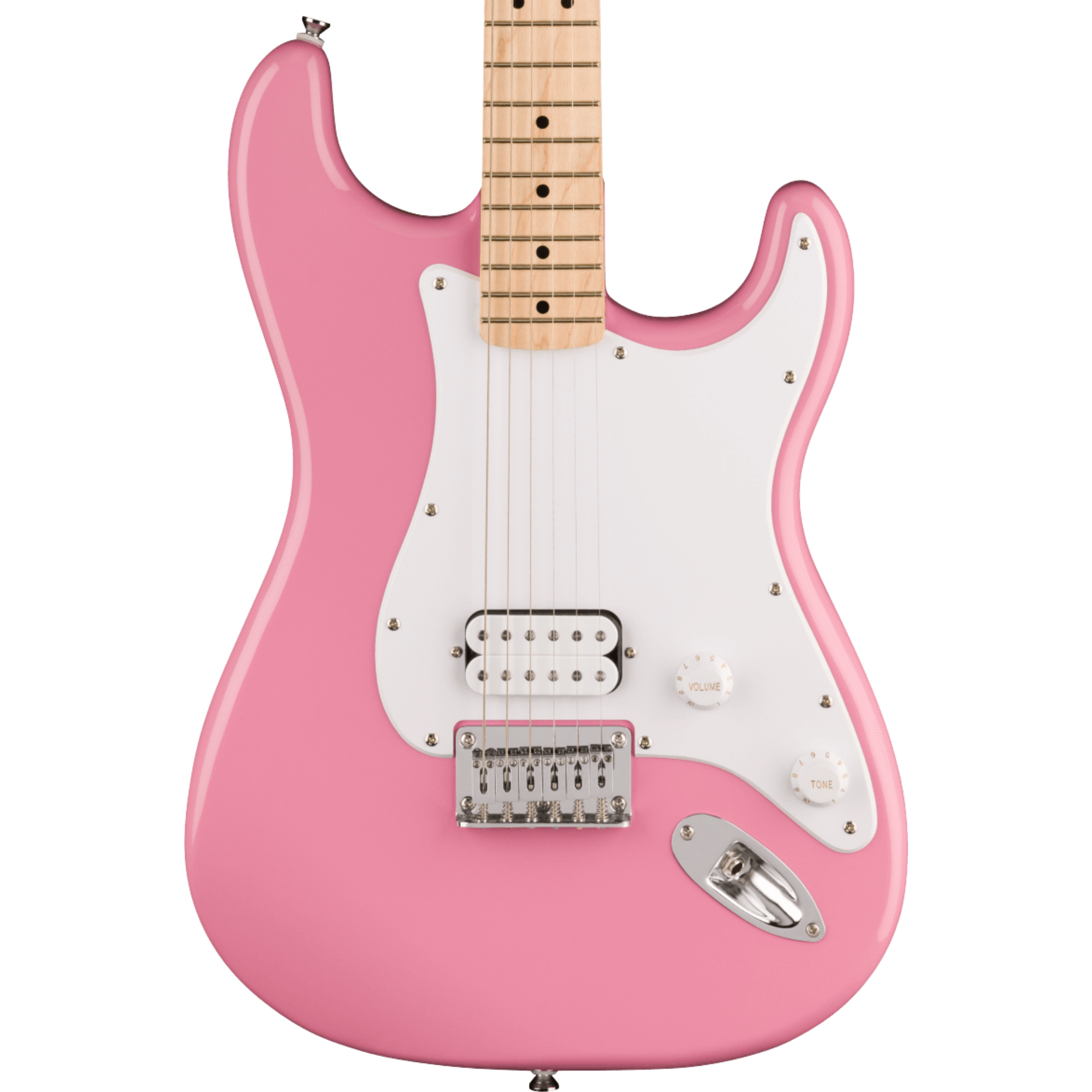Squier Sonic Stratocaster HT H Electric Guitar Bundle w/White Pickguard, Maple FB, Flash Pink