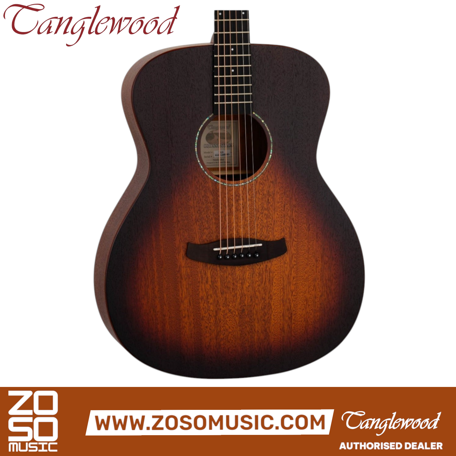 Zoso Music Tanglewood Crossroads TC3 left-handed acoustic guitar in whiskey burst satin mahogany finish.