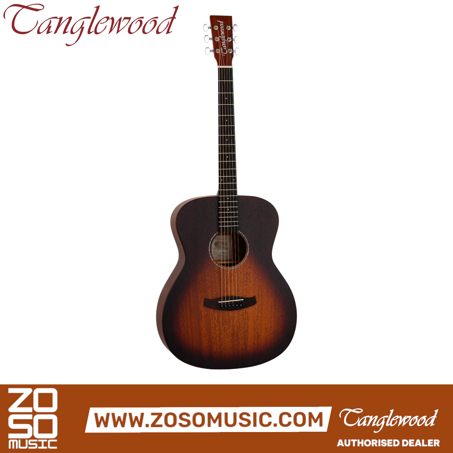Zoso Music Tanglewood TC3 Crossroads folk acoustic guitar with a whiskey burst satin mahogany body and orchestra shape.