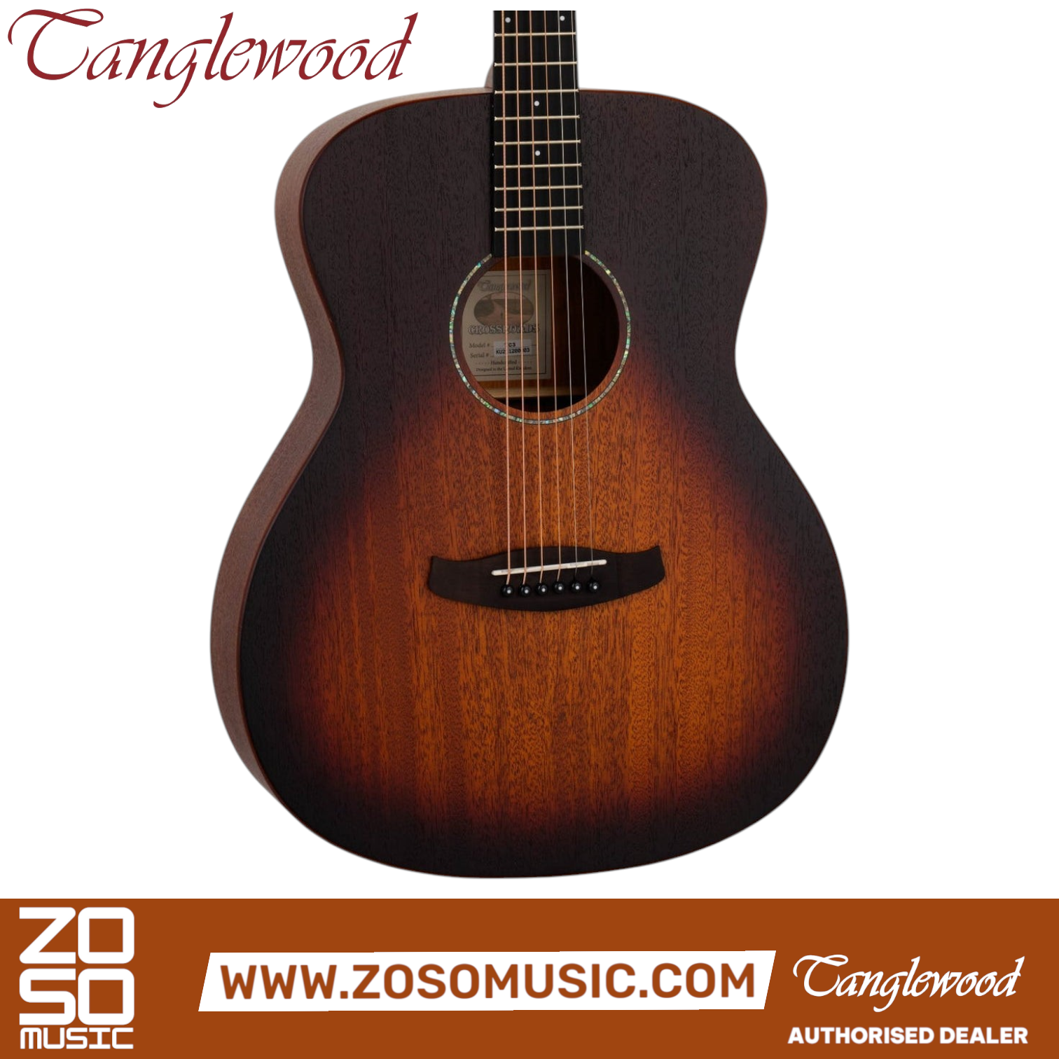 Zoso Music Tanglewood TC3 Crossroads folk acoustic guitar with a whiskey burst satin mahogany body and abalone rosette