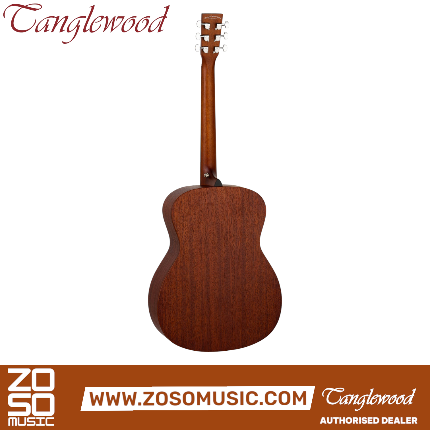 Zoso Music Tanglewood TC3 Crossroads acoustic guitar back view showing mahogany body and chrome machine heads