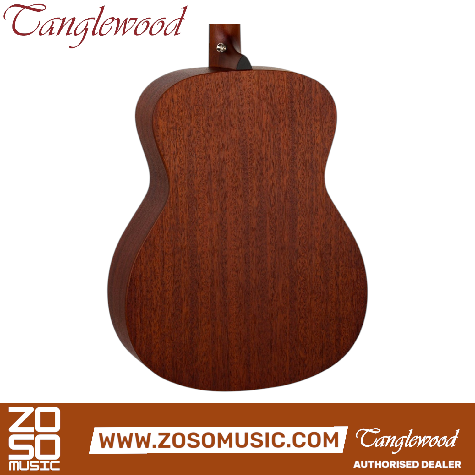Zoso Music Tanglewood Crossroads TC3 left-handed acoustic guitar back view showing the mahogany wood grain finish