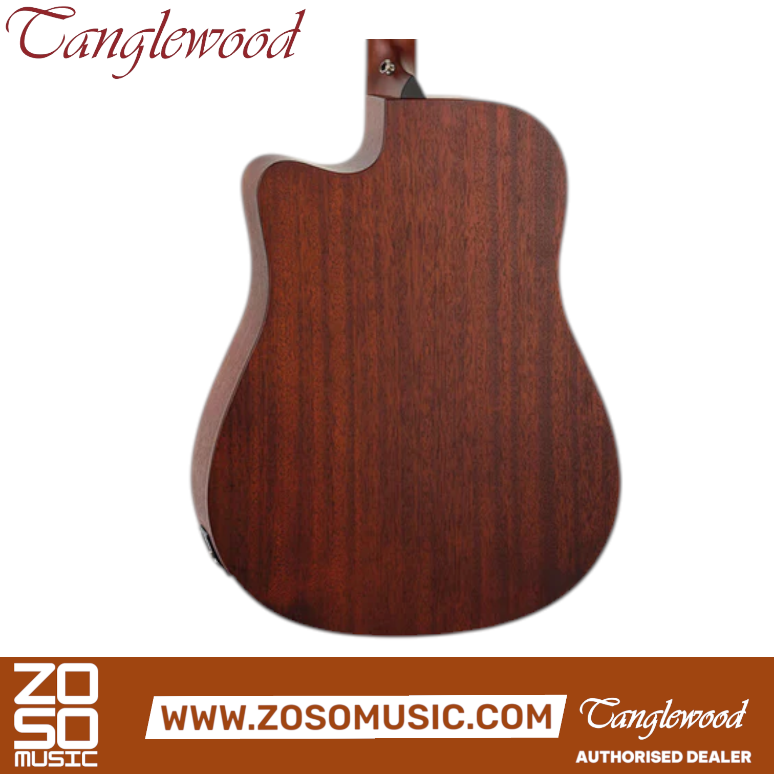 Back view of Zoso Music Tanglewood Crossroads dreadnought cutaway acoustic-electric guitar in whiskey burst mahogany