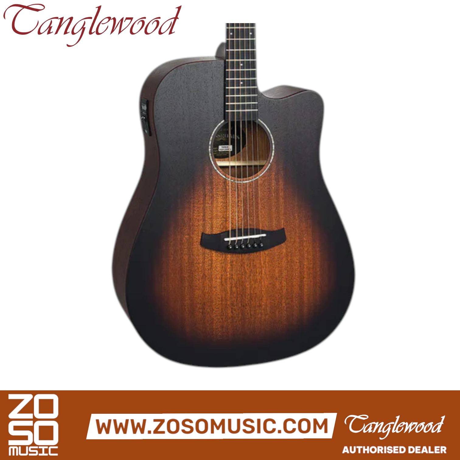 Zoso Music Tanglewood Crossroads dreadnought cutaway acoustic-electric guitar in whiskey burst satin mahogany finish