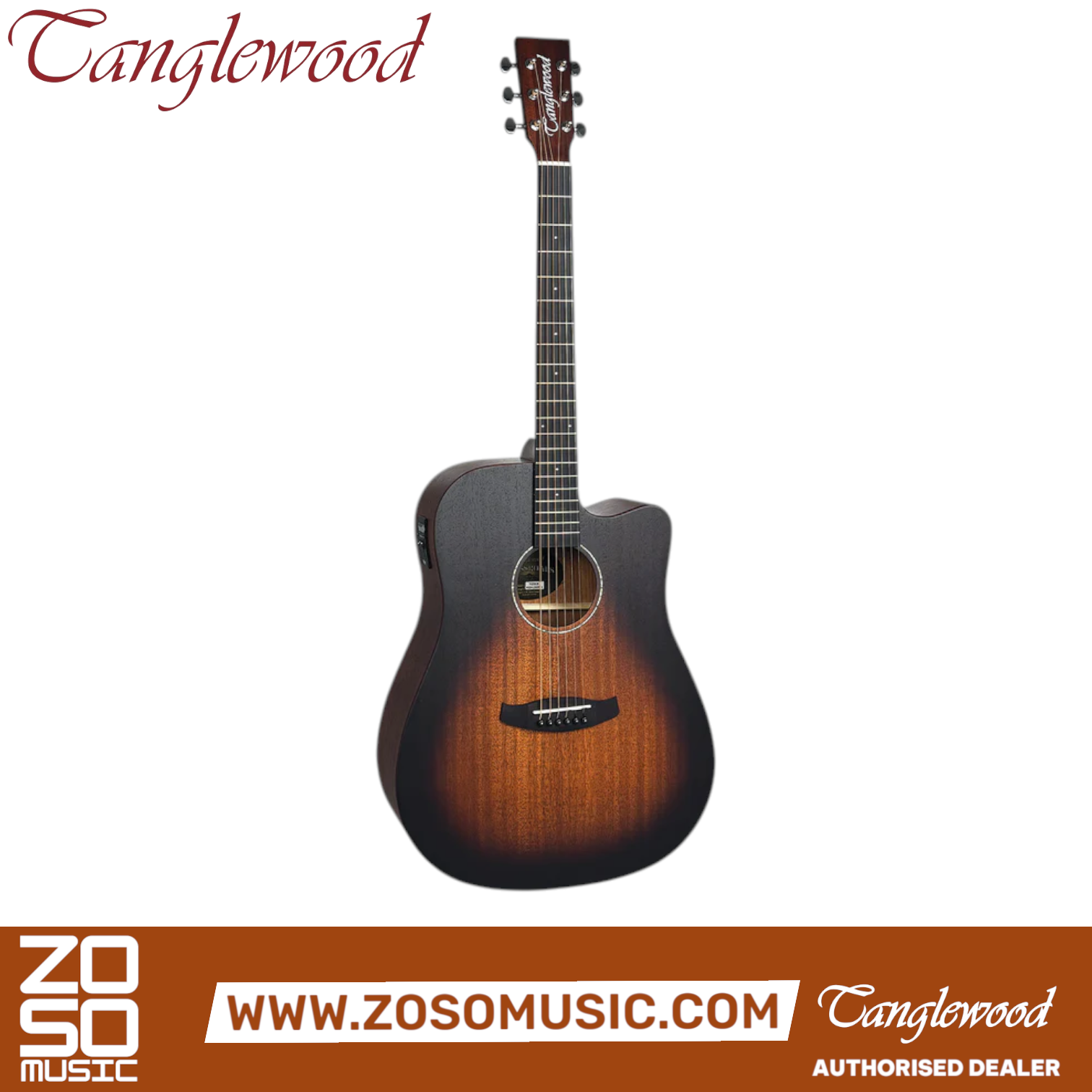 Zoso Music Tanglewood Crossroads dreadnought cutaway acoustic-electric guitar in whiskey burst satin mahogany finish