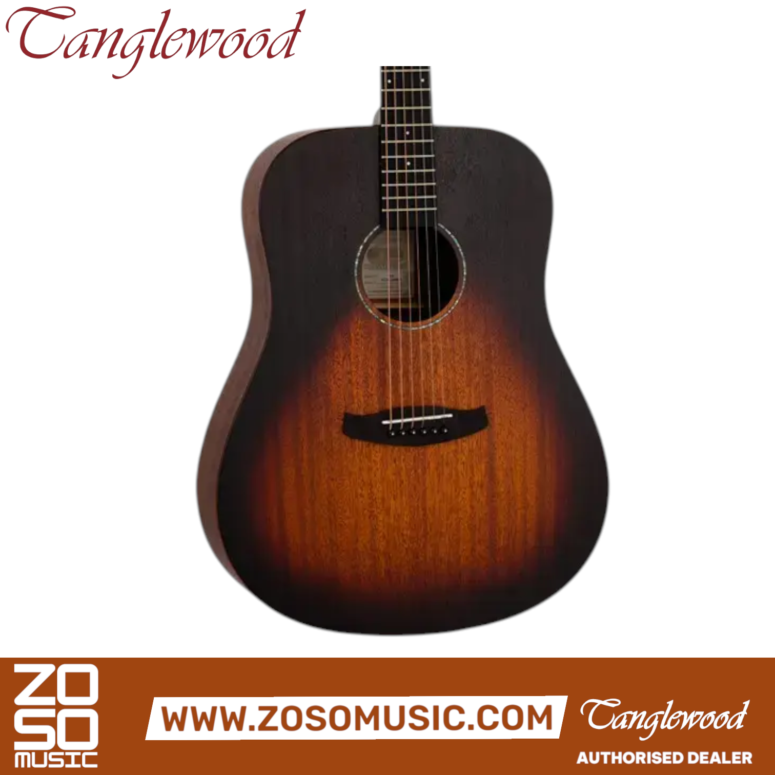 Zoso Music Tanglewood TC5 Crossroads dreadnought acoustic guitar in whiskey burst mahogany finish