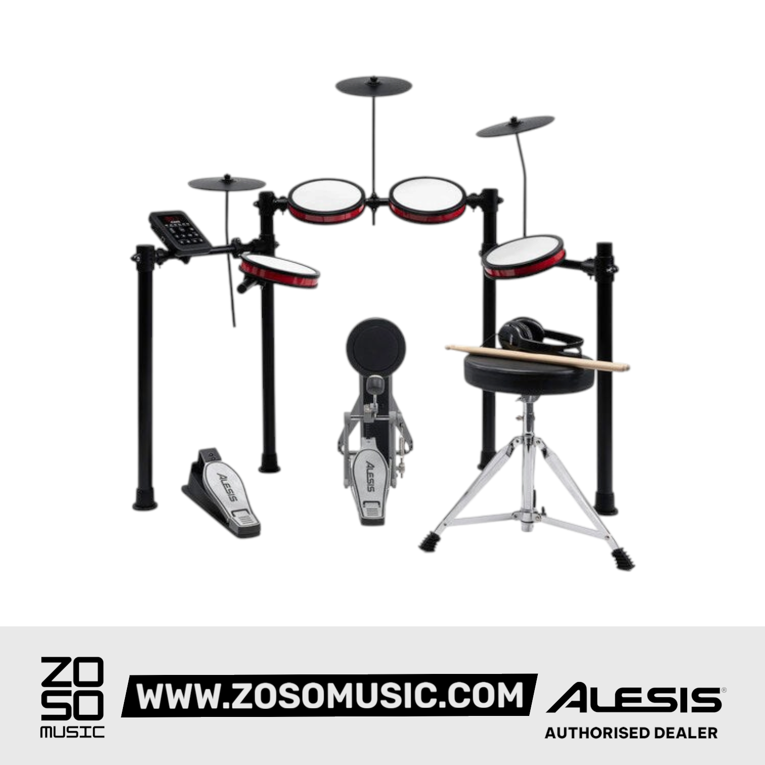 Zoso Music Alesis Turbo Pro electronic drum kit with mesh pads, drum stool, headphones, and drumsticks.