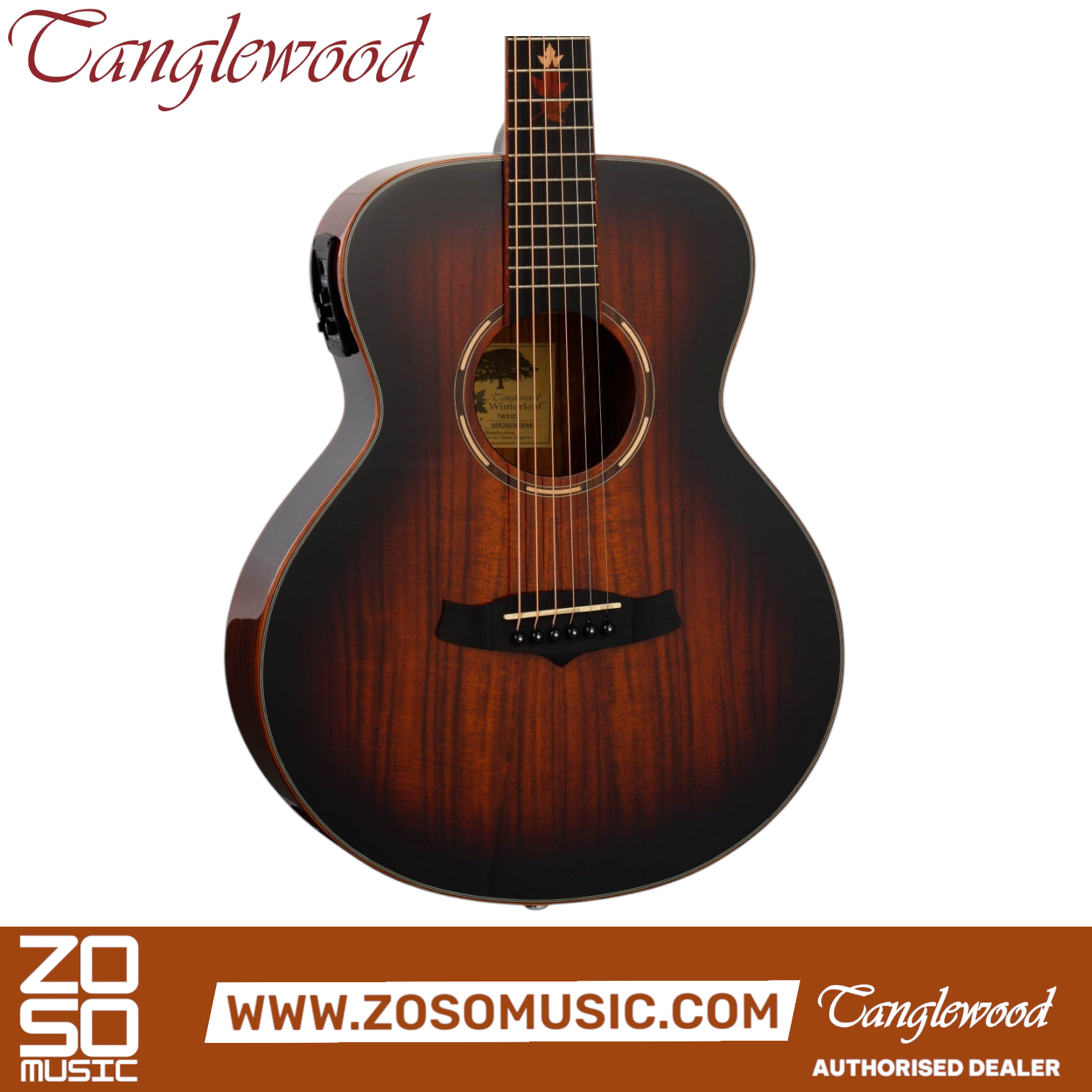 Zoso Music Tanglewood TWX1EK Mini Folk guitar in Autumn Burst Gloss with figured koa top and premium electronics.