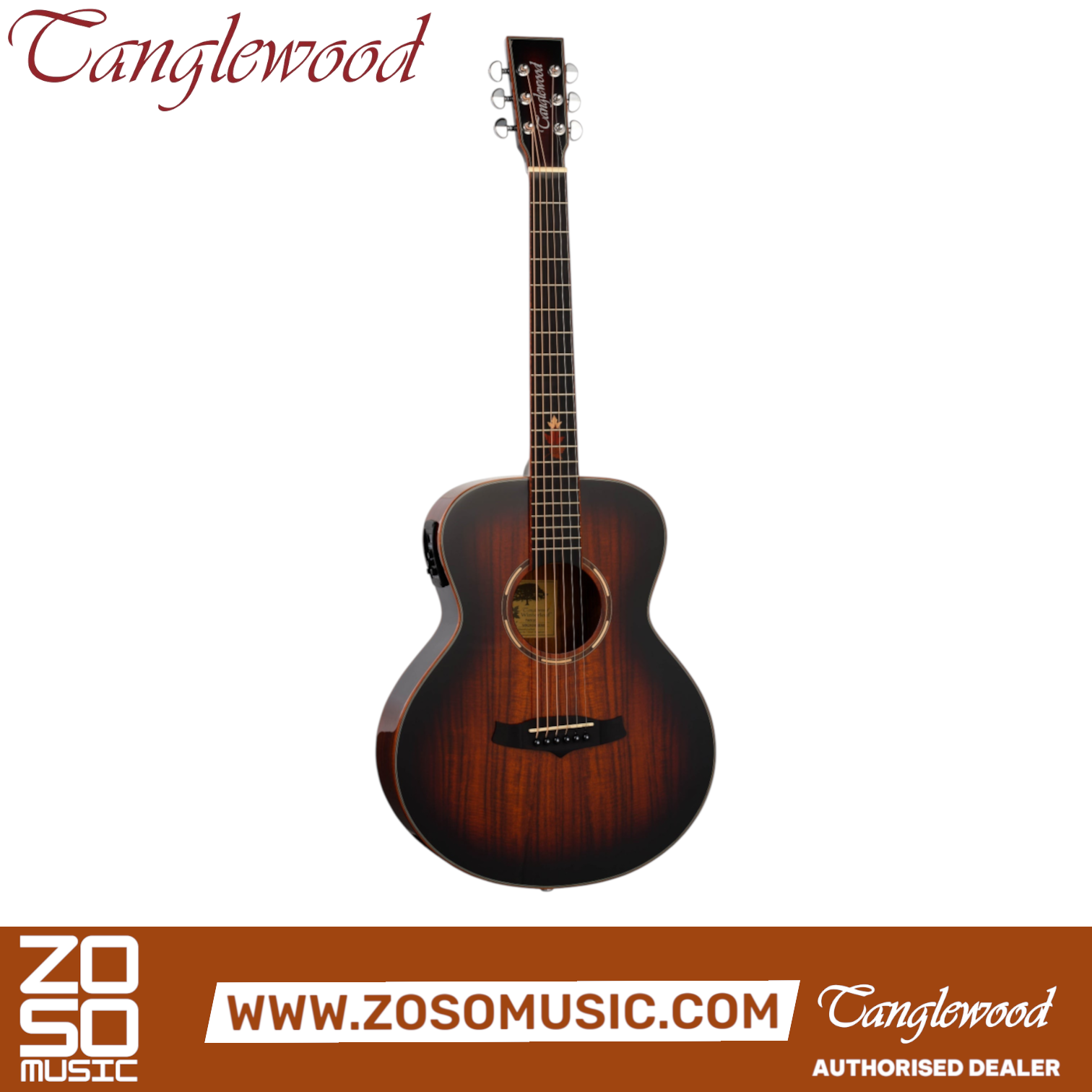 Zoso Music Tanglewood TWX1EK Mini Folk guitar in Autumn Burst gloss finish with figured koa body and Eboncore fretboard