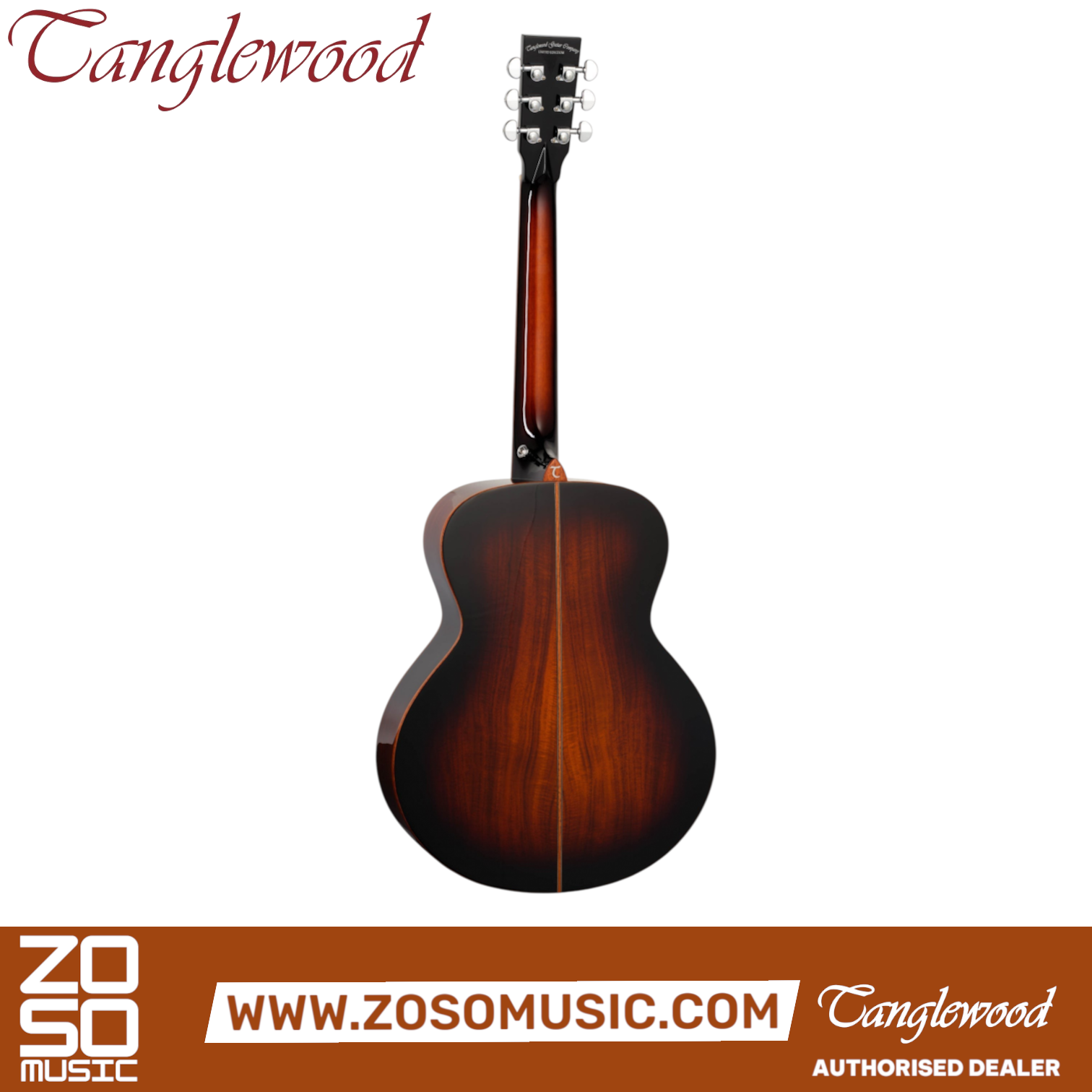 Back view of Zoso Music Tanglewood TWX1EK Mini Folk guitar in Autumn Burst Gloss with figured koa wood grain