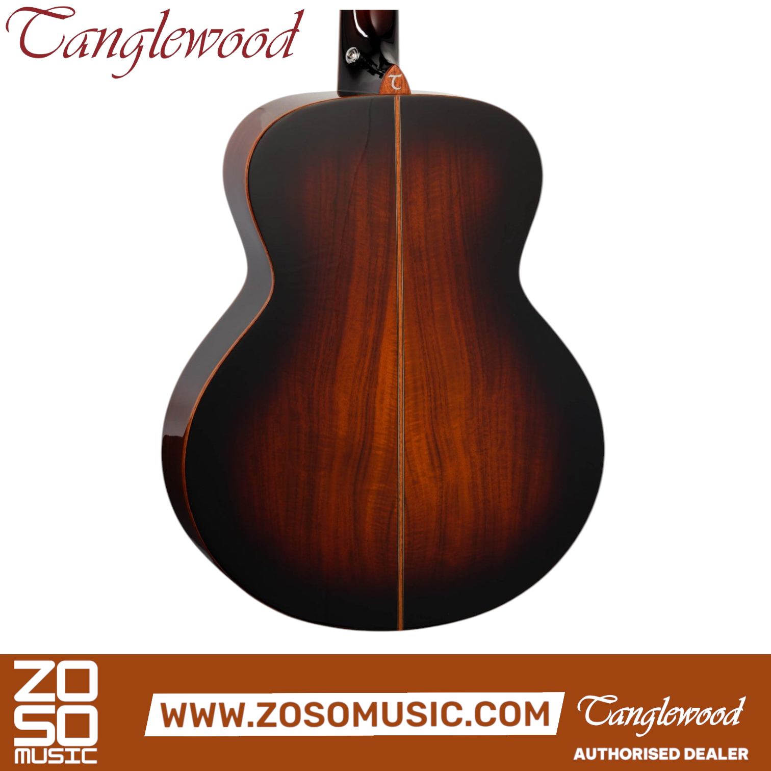 Back view of Zoso Music Tanglewood TWX1EK Mini Folk guitar featuring figured Koa wood in an Autumn Burst gloss finish.