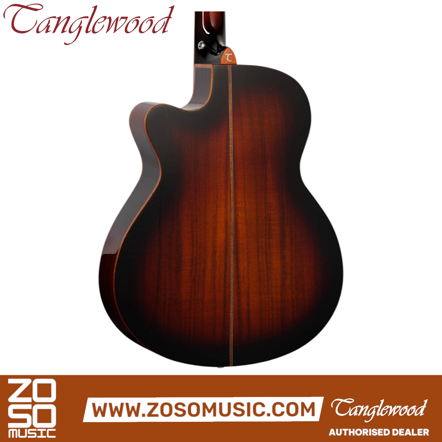 Zoso Music Tanglewood Winterleaf Exotic acoustic guitar back view in Autumn Burst gloss finish with Koa wood grain.