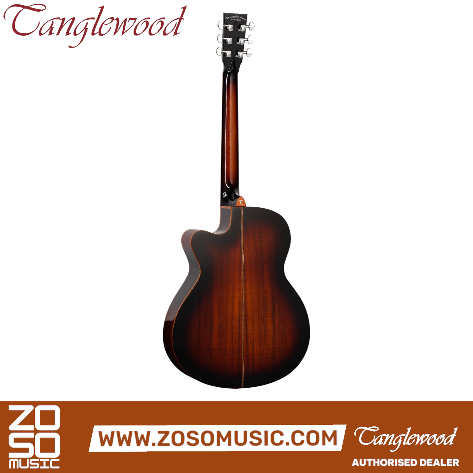 Zoso Music Tanglewood Winterleaf Exotic electro acoustic guitar back view in Autumn Burst gloss finish