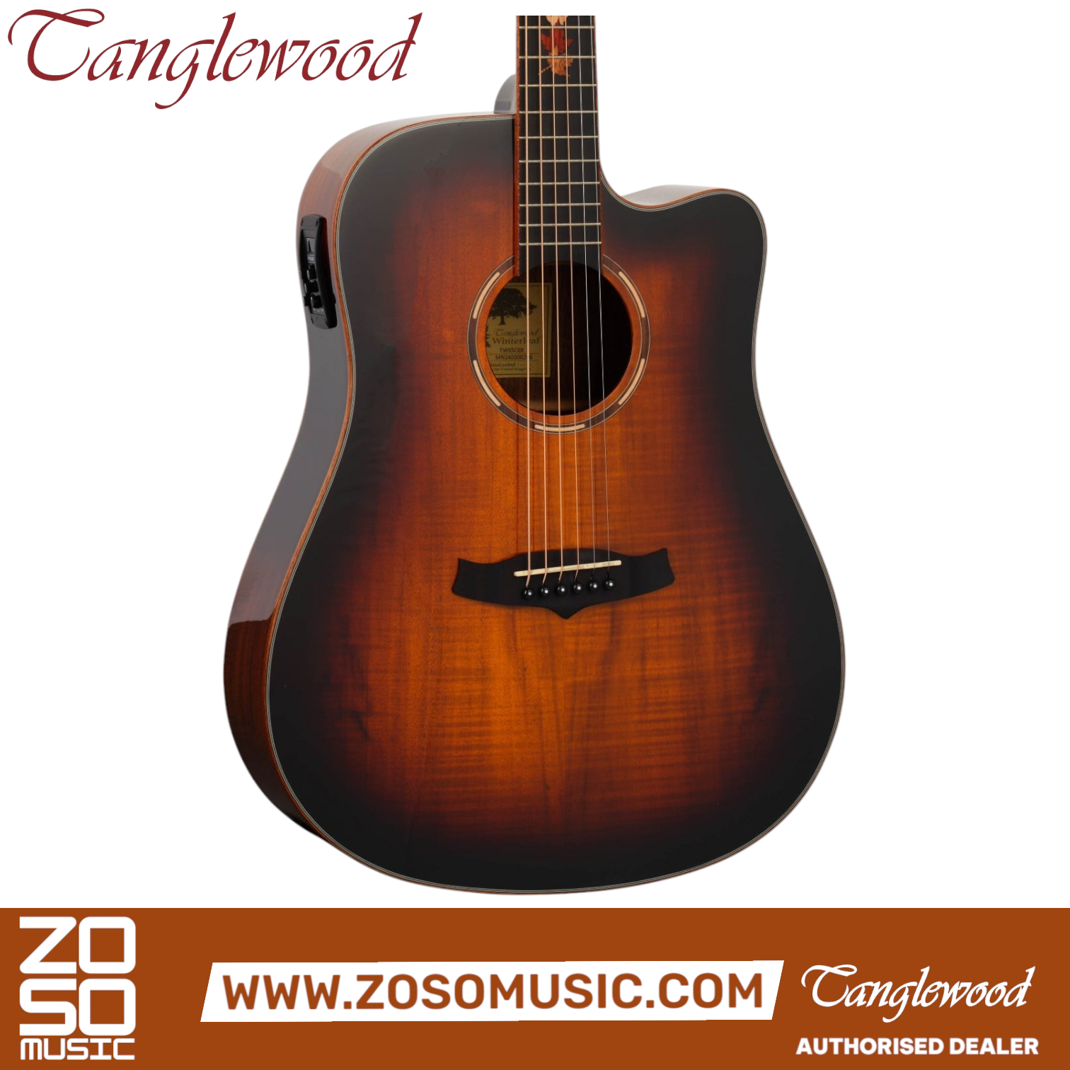Zoso Music Tanglewood TWX5CEK dreadnought cutaway guitar in autumn burst gloss finish with koa wood grain