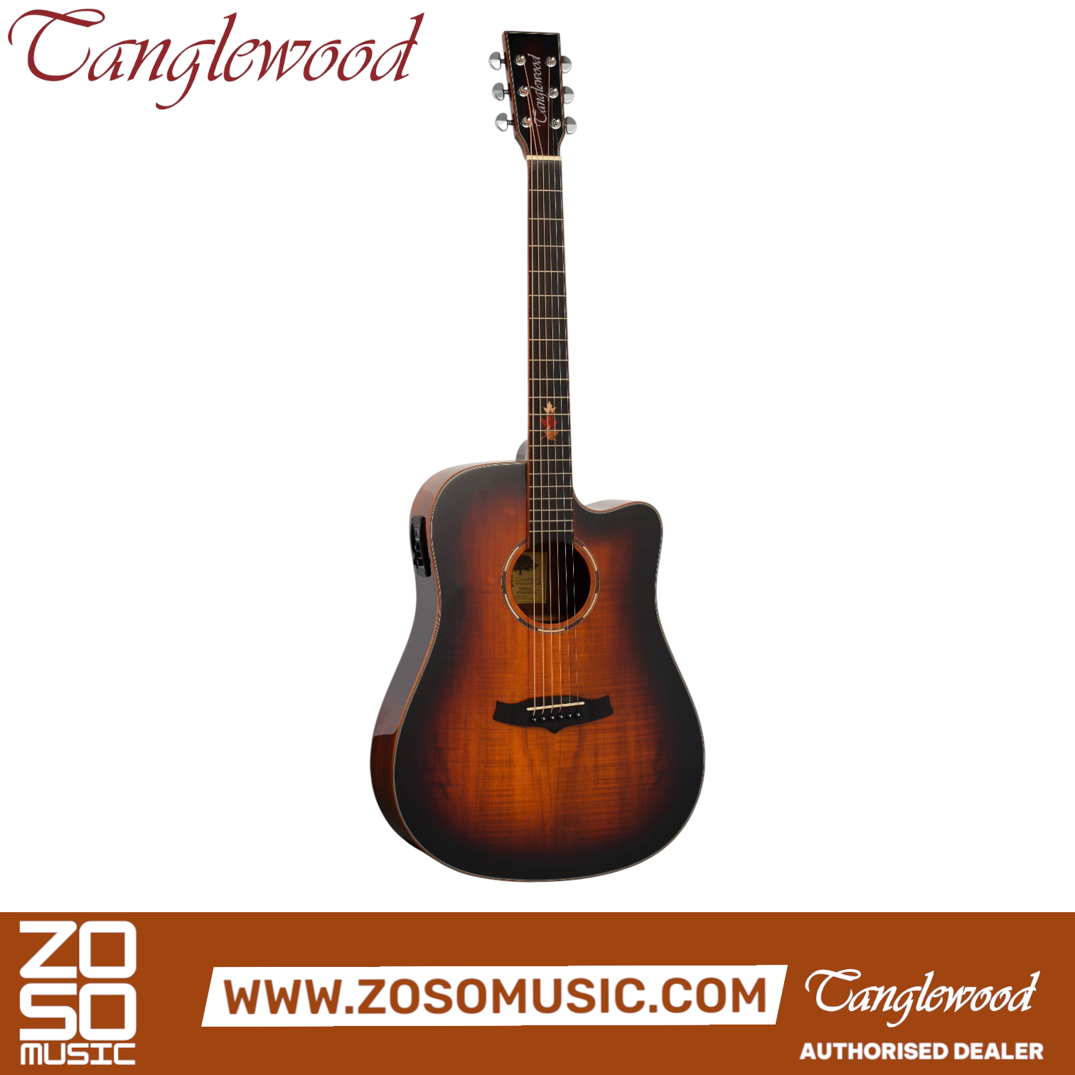 Zoso Music Tanglewood Winterleaf Exotic dreadnought cutaway guitar in autumn burst gloss finish with koa body