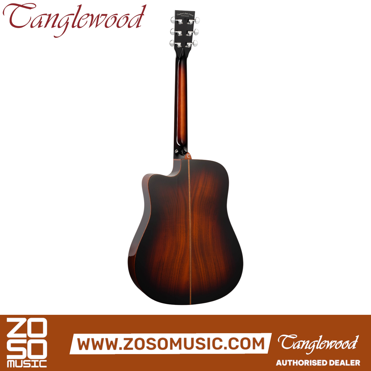 Zoso Music Tanglewood TWX5CEK dreadnought cutaway guitar back view featuring autumn burst gloss koa wood finish