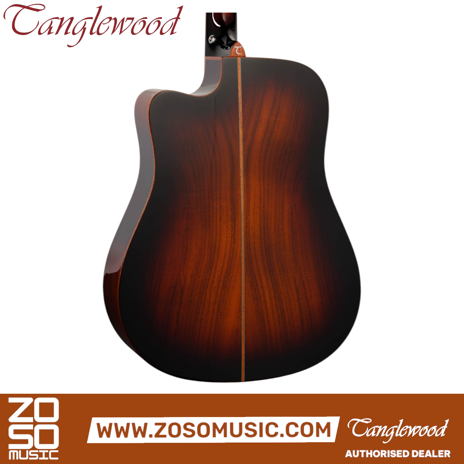 Zoso Music Tanglewood Winterleaf Exotic dreadnought guitar back view featuring a glossy autumn burst koa finish