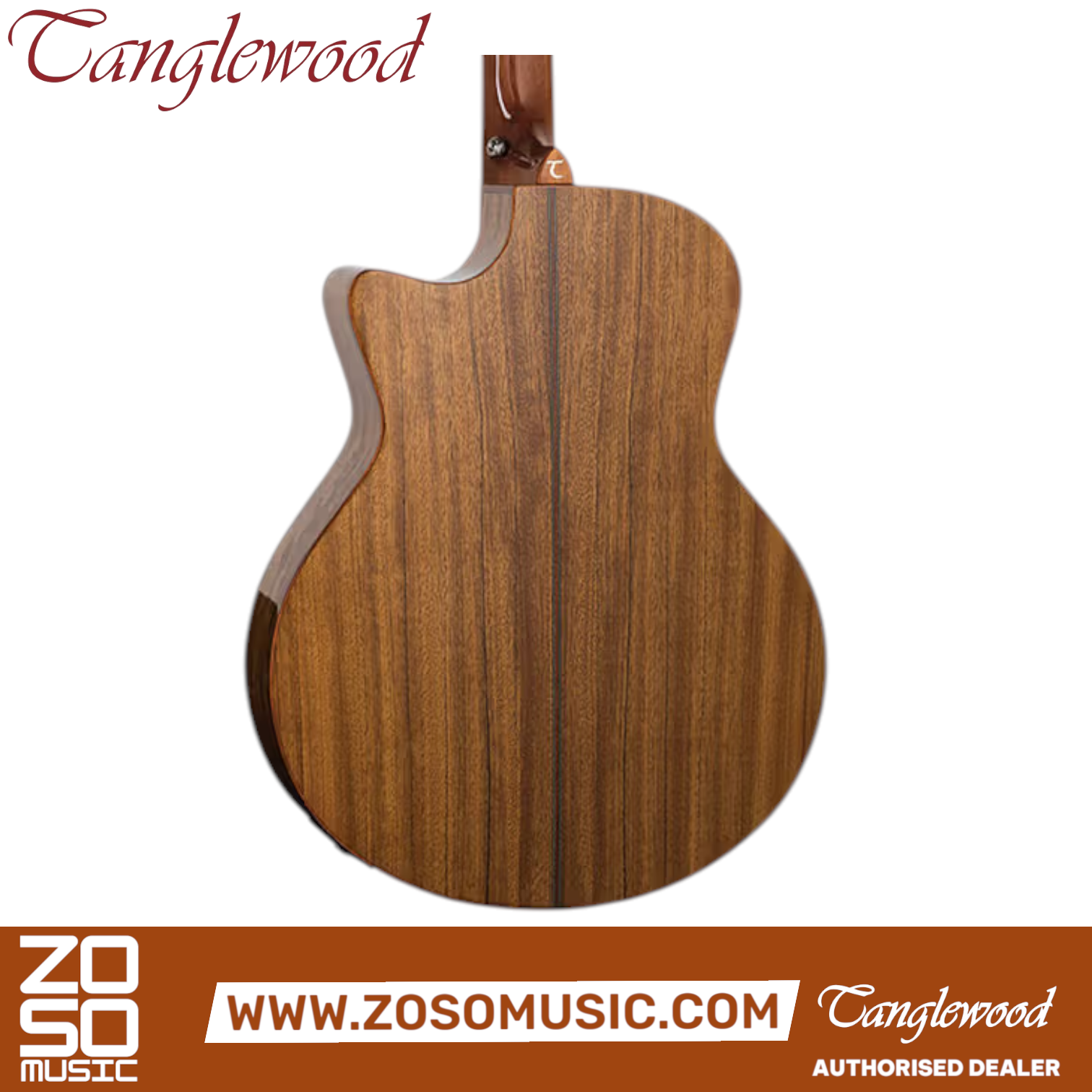 Zoso Music Tanglewood Venetian cutaway acoustic-electric guitar back view showing figured black walnut wood grain