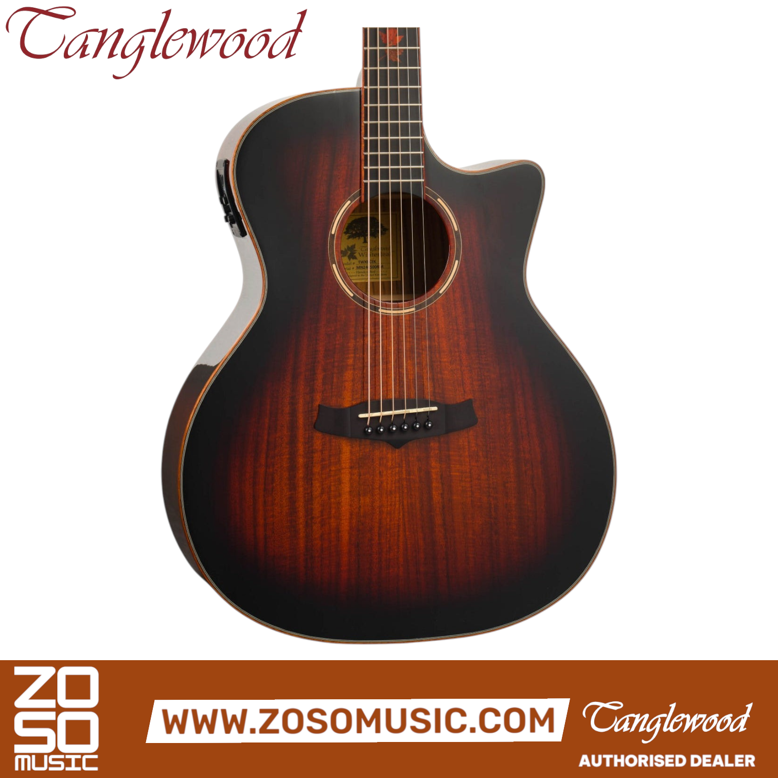 Zoso Music Tanglewood TWX6CEK Grand Auditorium acoustic guitar in Autumn Burst gloss with figured Koa wood body.