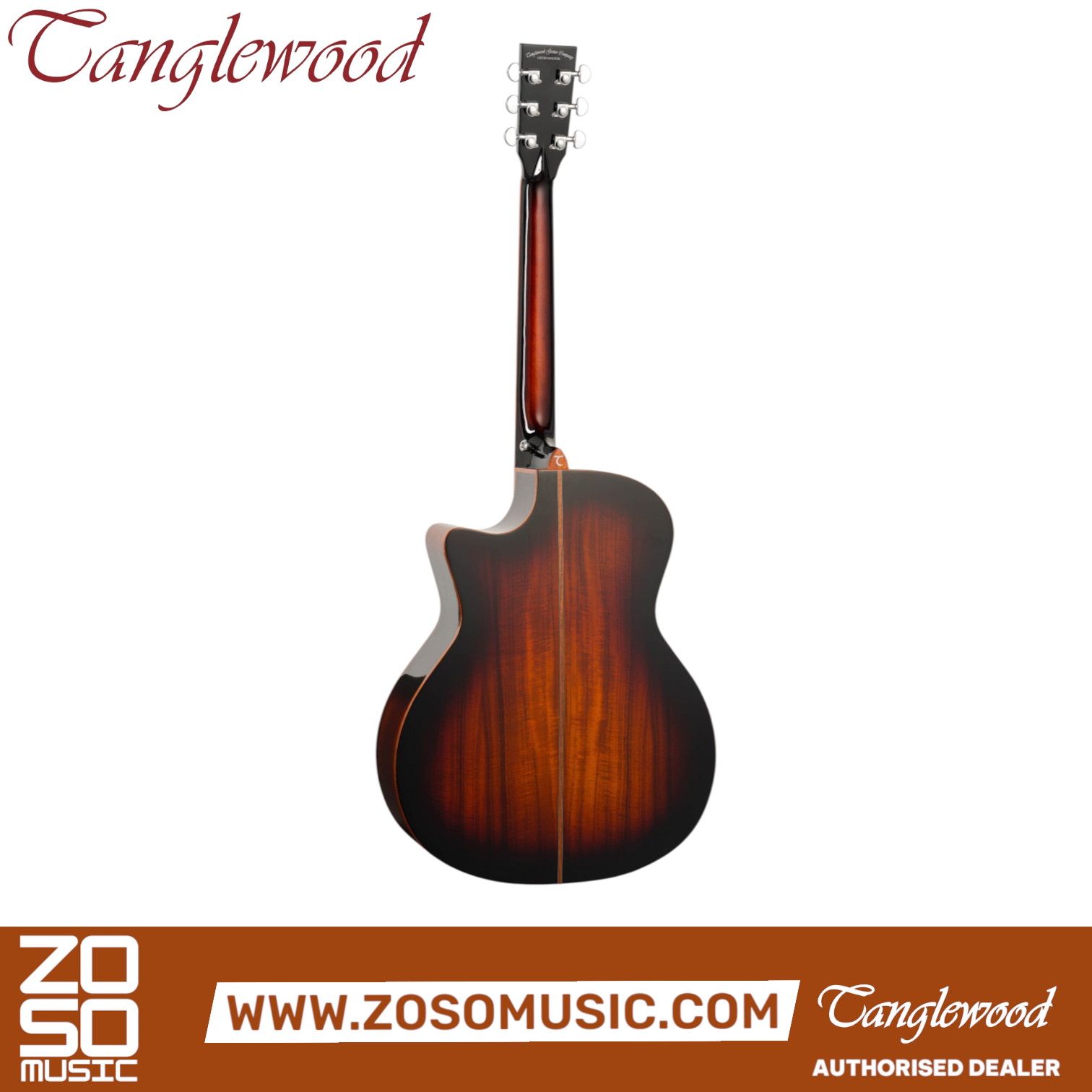 Back view of Zoso Music Tanglewood TWX6CEK acoustic guitar in Autumn Burst gloss finish with figured koa wood body