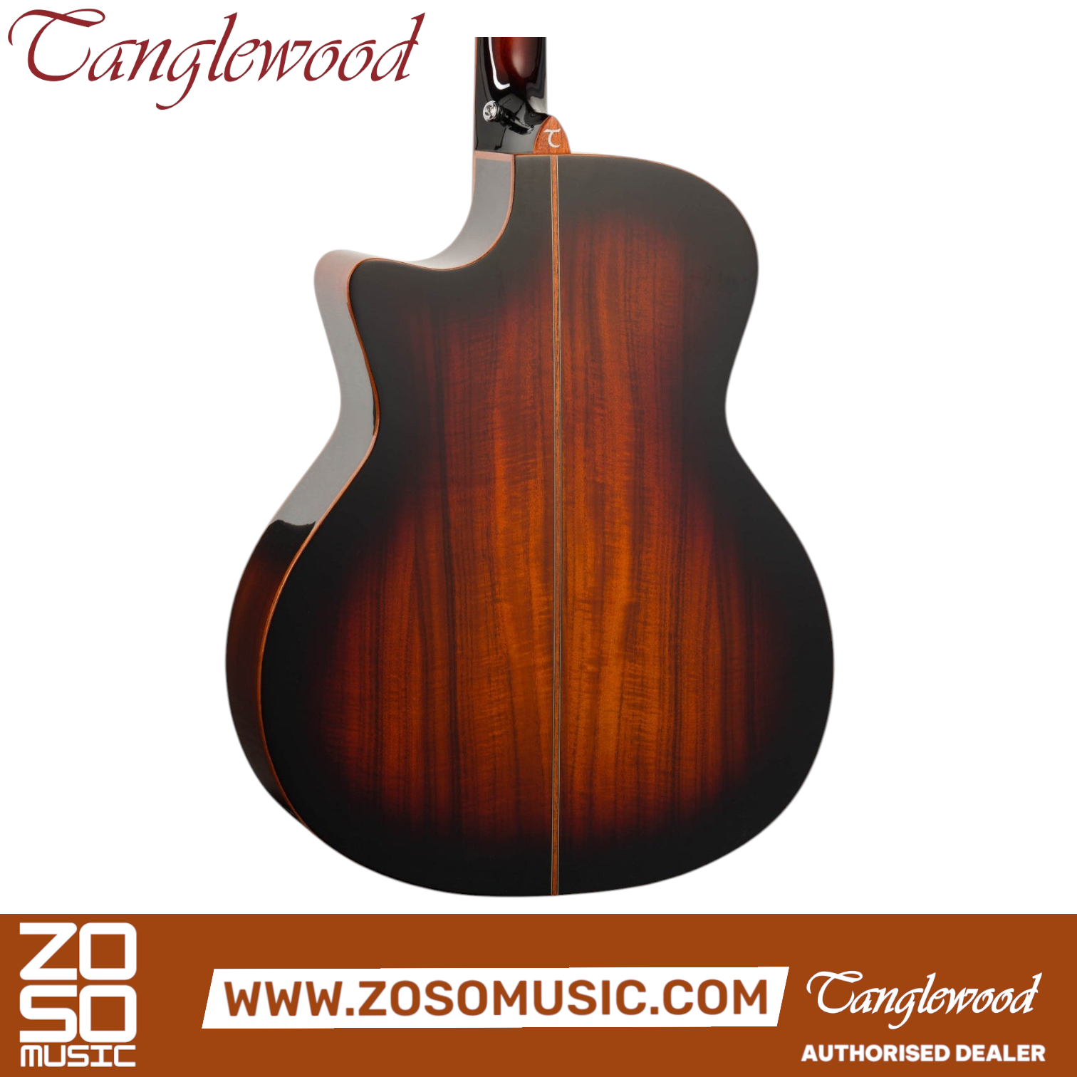Zoso Music Tanglewood TWX6CEK acoustic guitar back view featuring figured koa wood and autumn burst gloss finish