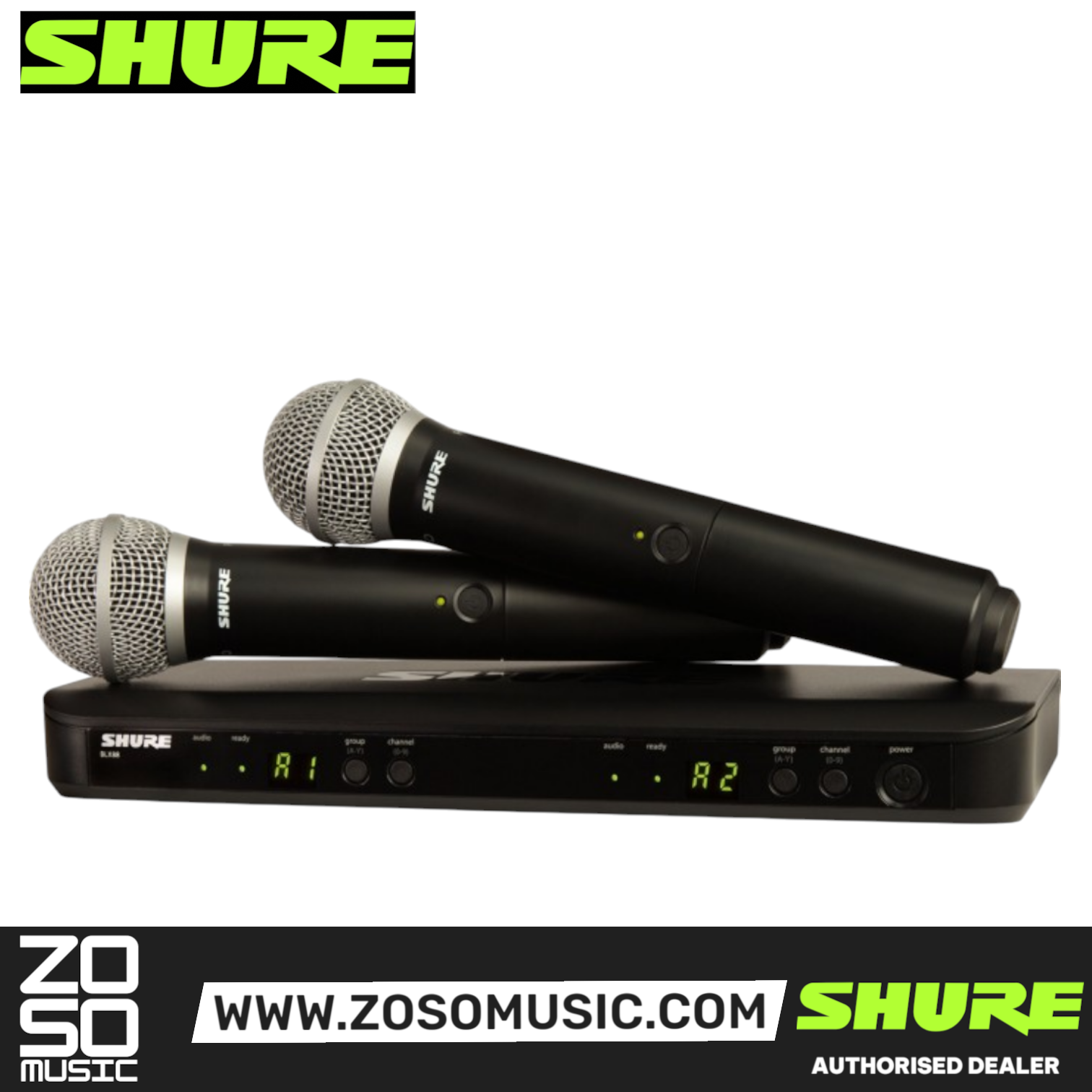 Shure BLX288/PG58 Dual Channel Wireless Handheld Microphone System, BLX88 Dual-Channel Wireless Receiver & (2) BLX2/PG58 Handheld Transmitters with Free Gator GM-DUALW Dual Wireless System Ba, SHURE, WIRELESS MICROPHONE SYSTEM, shure-wireless-microphone-system-blx288-pg58, ZOSO MUSIC SDN BHD
