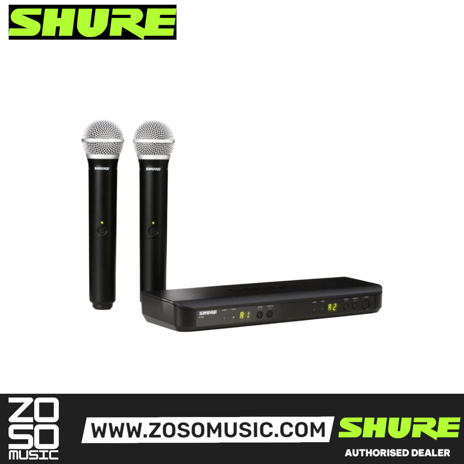 Shure BLX288/PG58 Dual Channel Wireless Handheld Microphone System, BLX88 Dual-Channel Wireless Receiver & (2) BLX2/PG58 Handheld Transmitters with Free Gator GM-DUALW Dual Wireless System Ba, SHURE, WIRELESS MICROPHONE SYSTEM, shure-wireless-microphone-system-blx288-pg58, ZOSO MUSIC SDN BHD