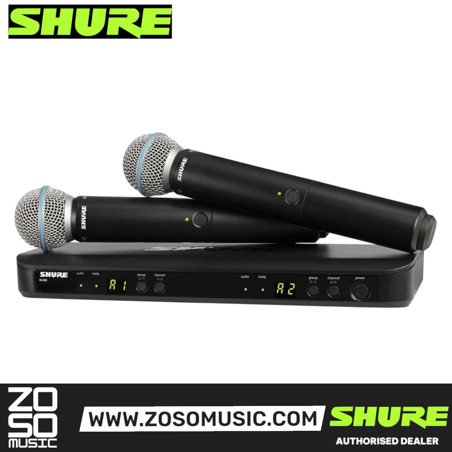Shure BLX288/B58 Dual Channel Handheld Wireless Microphone System, BLX88 Receiver & (2) BLX2/B58 Handheld Transmitters with Free Gator GM-DUALW Dual Wireless System Bag, SHURE, WIRELESS MICROPHONE SYSTEM, shure-wireless-microphone-system-blx288-b58, ZOSO MUSIC SDN BHD