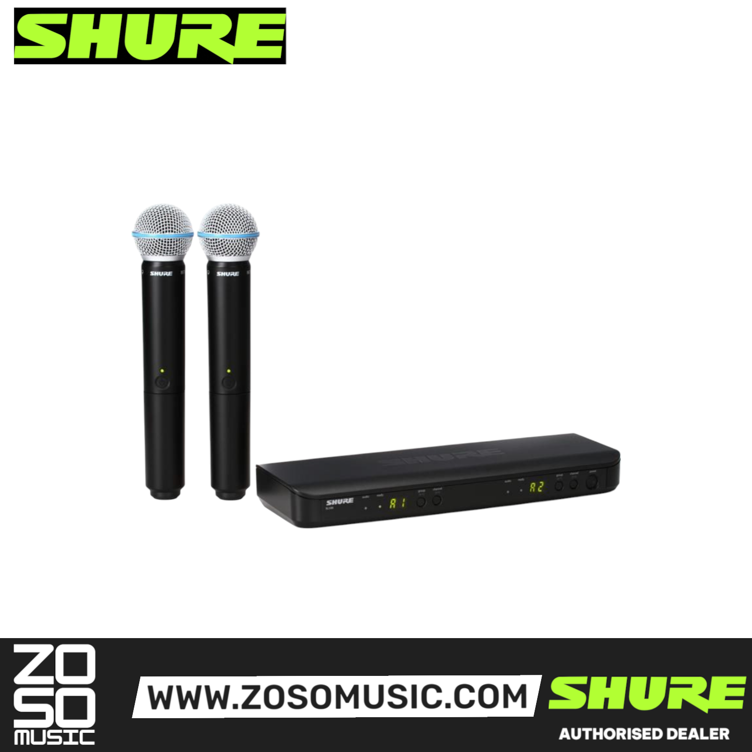 Shure BLX288/B58 Dual Channel Handheld Wireless Microphone System, BLX88 Receiver & (2) BLX2/B58 Handheld Transmitters with Free Gator GM-DUALW Dual Wireless System Bag, SHURE, WIRELESS MICROPHONE SYSTEM, shure-wireless-microphone-system-blx288-b58, ZOSO MUSIC SDN BHD