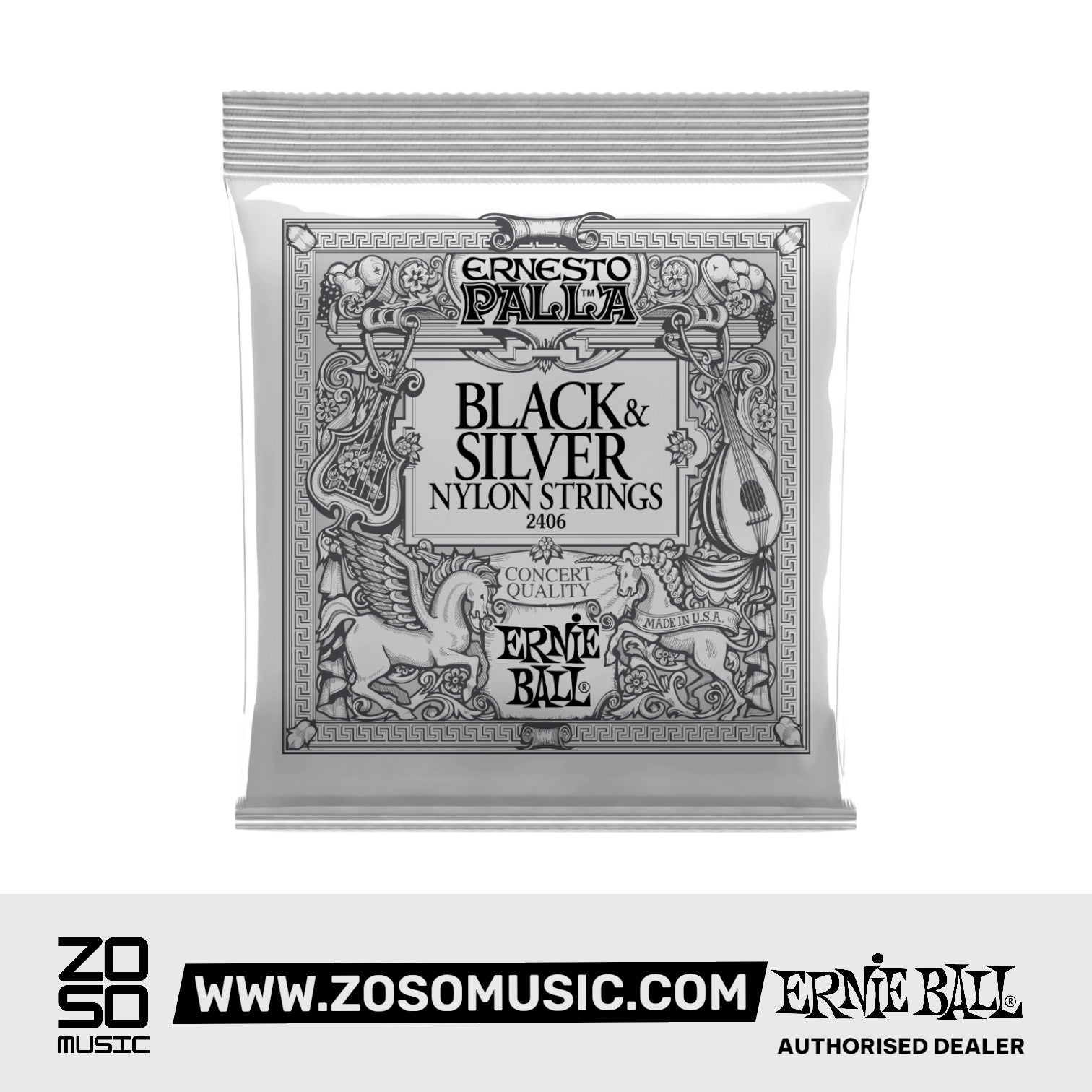 ERNIE BALL 2406 ERNESTO PALLA BLACK &amp; SILVER NYLON CLASSICAL GUITAR STRINGS | ERNIE BALL , Zoso Music
