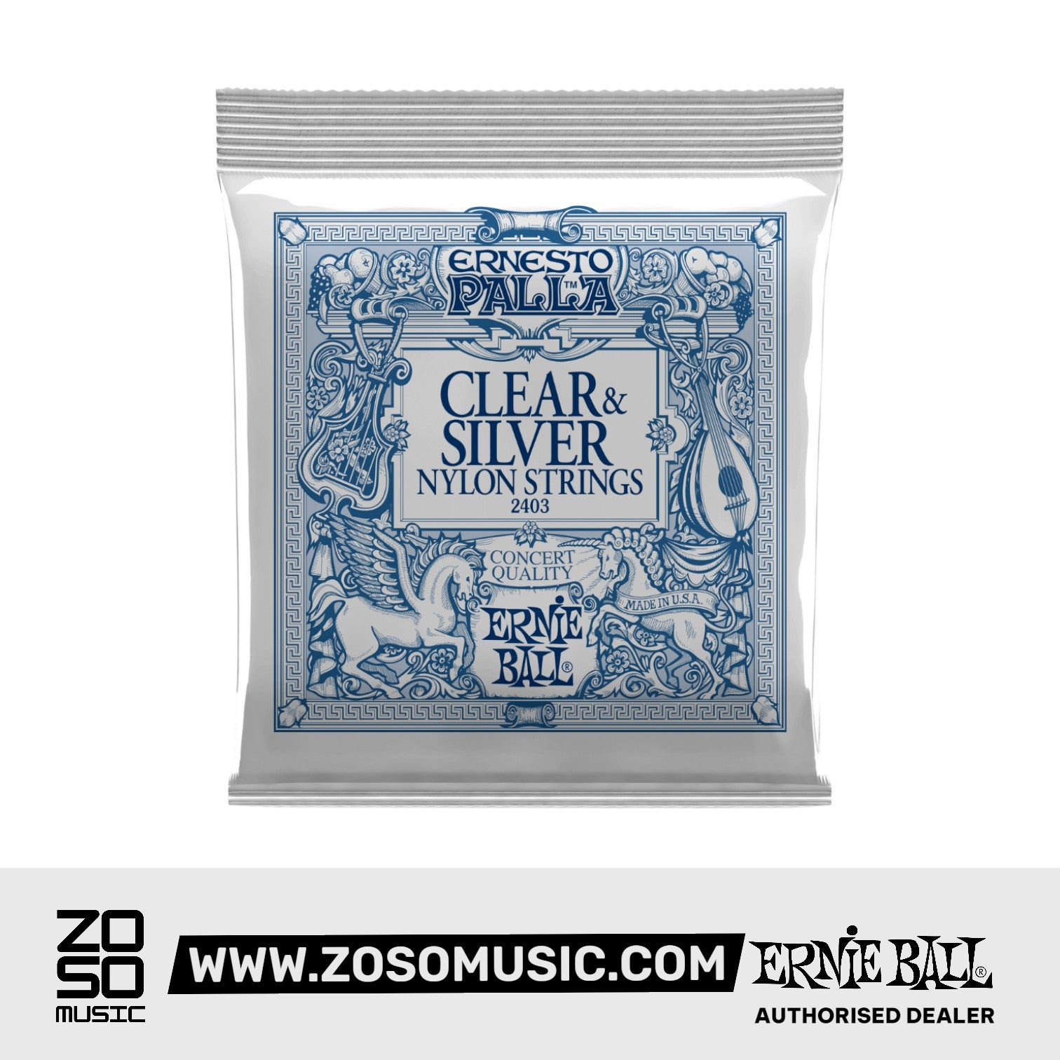 ERNIE BALL EB2403 ERNESTO PALLA CLEAR &amp; SILVER NYLON CLASSICAL GUITAR STRINGS | ERNIE BALL , Zoso Music