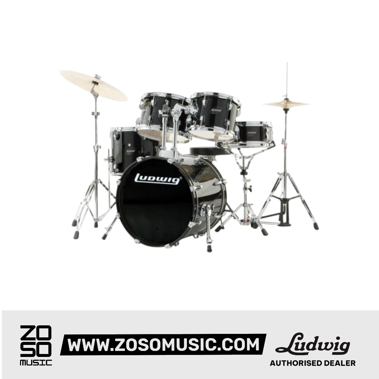 LUDWIG LC16511 ACCENT DRIVE 5-PIECE DRUMS SET W/HARDWARE, THRONE & CYMBAL COLOR BLACK CORTEX (FULL SET), LUDWIG, ACOUSTIC DRUM, ludwig-acoustic-drum-l14-lc16511dir, ZOSO MUSIC SDN BHD