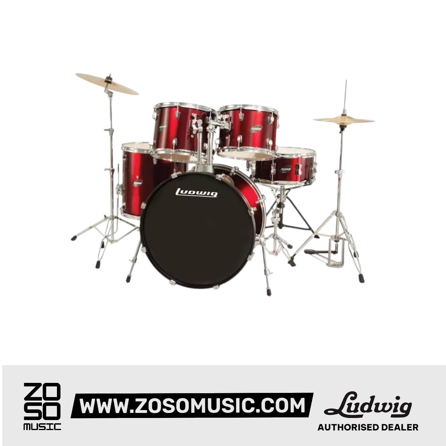 LUDWIG LC16514 ACCENT DRIVE 5-PIECE DRUMS SET WITH HARDWARE, THRONE, CYMBAL, RED FOIL COLOR (FULL SET), LUDWIG, ACOUSTIC DRUM, ludwig-acoustic-drum-l14-lc16514dir, ZOSO MUSIC SDN BHD