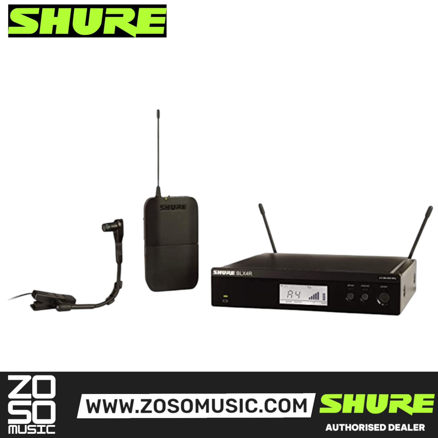 Shure BLX14R/B98 Instrument Wireless System, BLX4R Wireless Receiver, BLX1 Bodypack Transmitter & WB98H/C BETA 98 Clip-On Condenser Microphone, SHURE, WIRELESS MICROPHONE SYSTEM, shure-wireless-microphone-system-blx14r-b98, ZOSO MUSIC SDN BHD